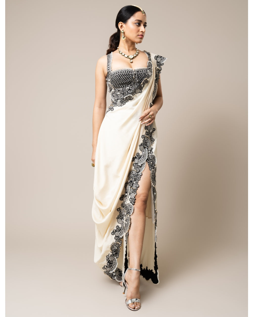 Ivory Pre-Stitched Drape Sari Set