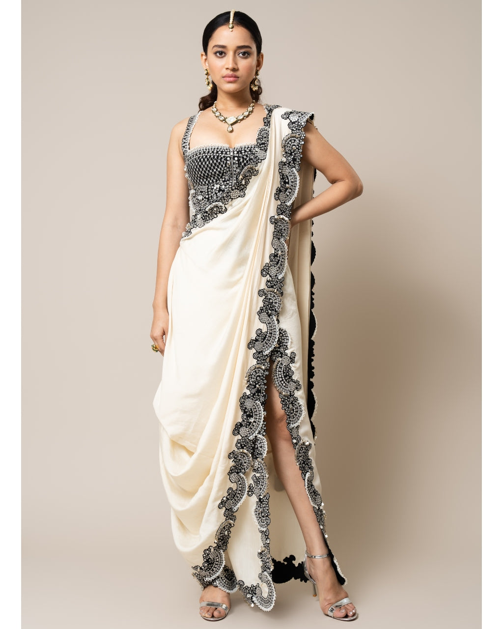 Off White & Black Pre-Draped Sari Set