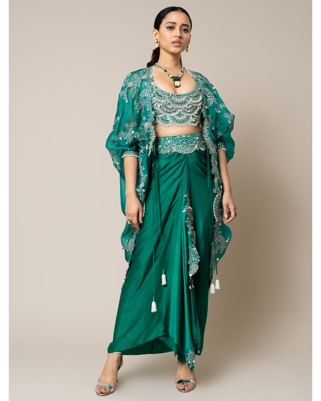 Sea Green Cape With Blouse & Pick Up Skirt Set