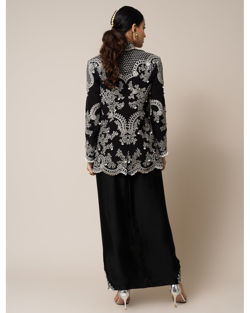 Embroidered Black Blazer & Drape Skirt Set
