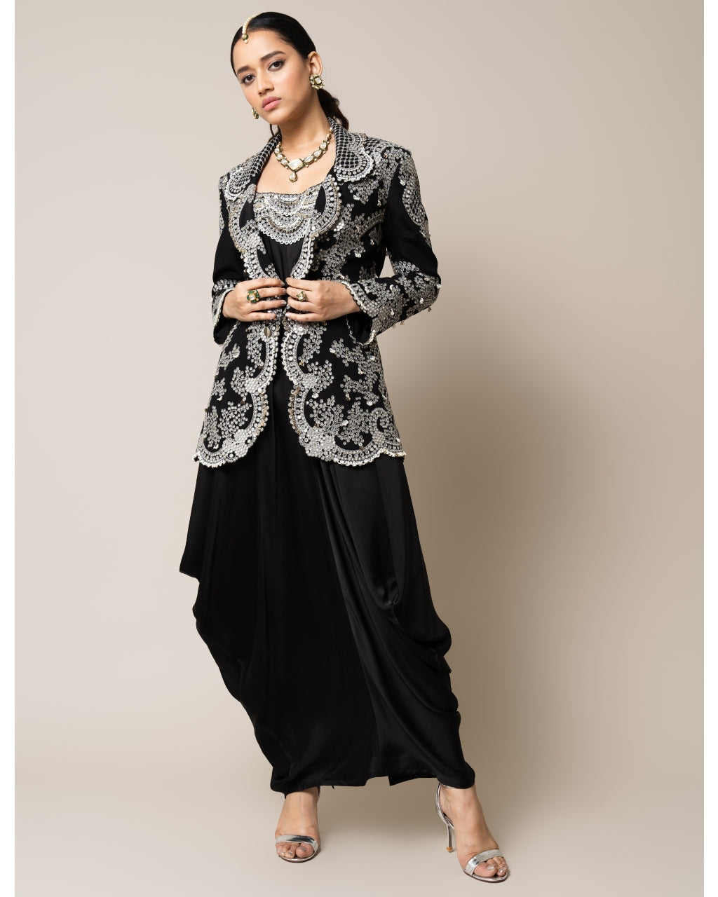 Off white color Indo western Gown with outer jacket buy in Gurgaon
