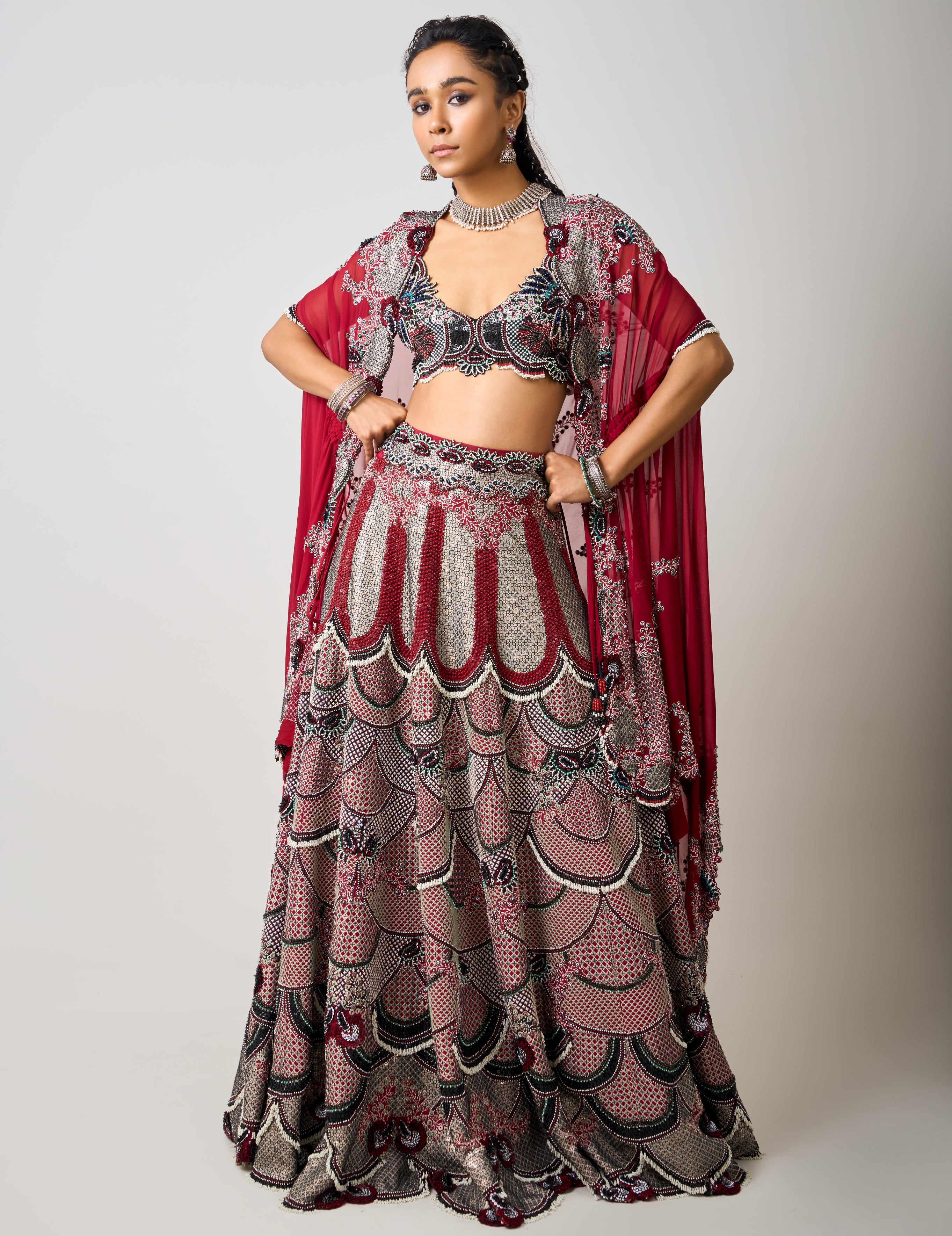 Burgundy Hand Embroidered Lehenga Set