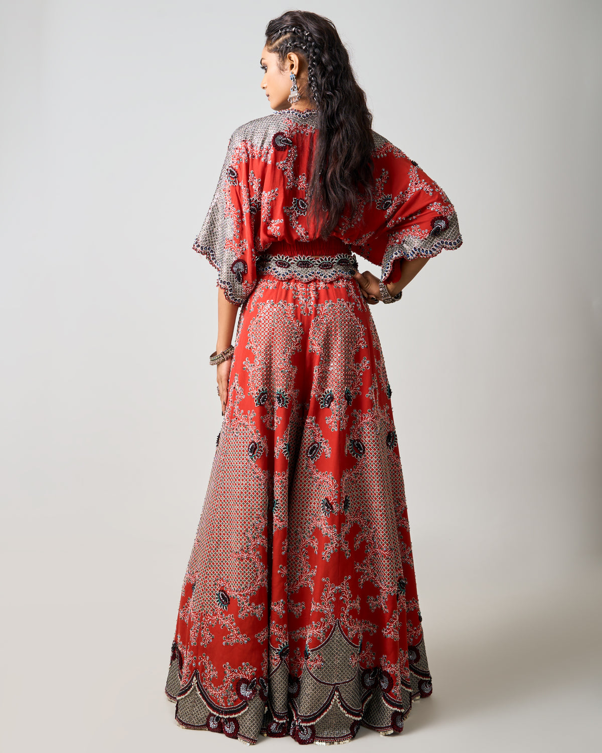 Rust Orange Hand Embroidered Kaftan Top & Sharara Set