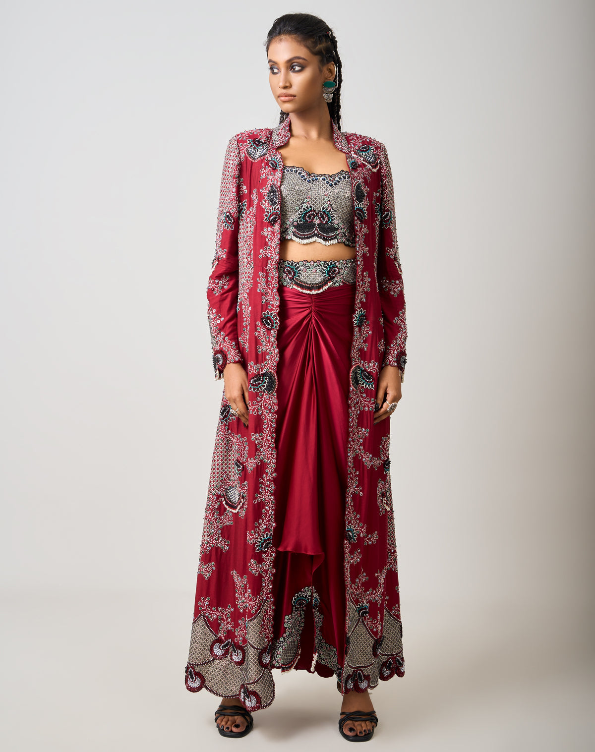 Burgundy Hand Embroidered Long Jacket With Pick Up Skirt Set