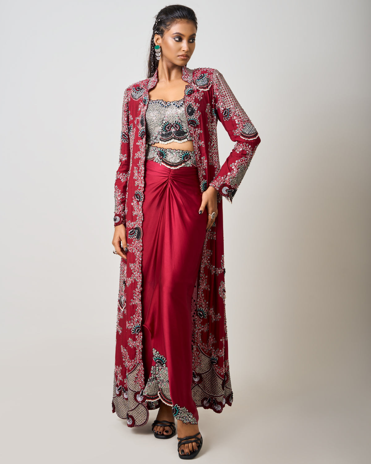 Burgundy Hand Embroidered Long Jacket With Pick Up Skirt Set