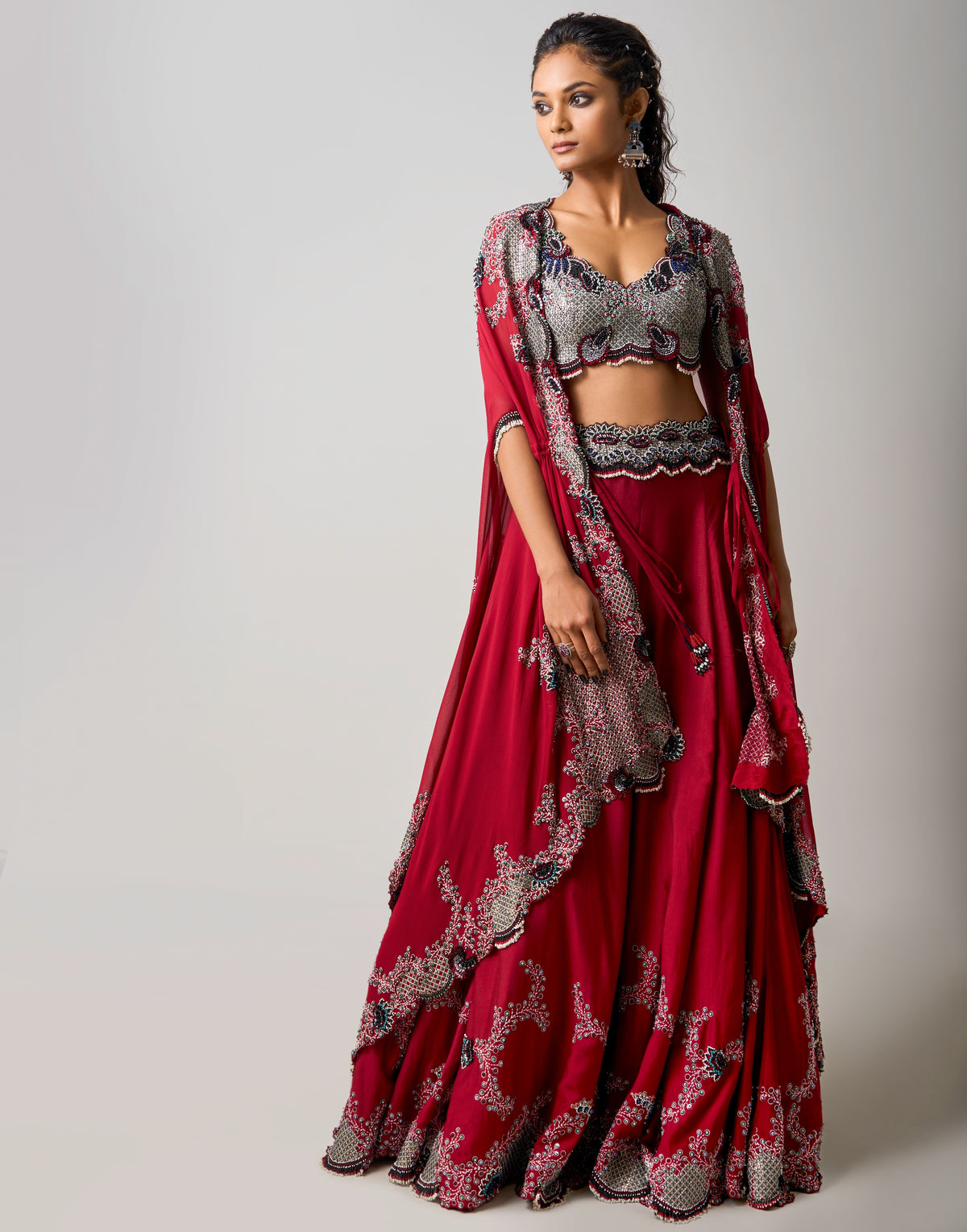 Burgundy Hand Embroidered Dupatta Cape & Lehenga Set