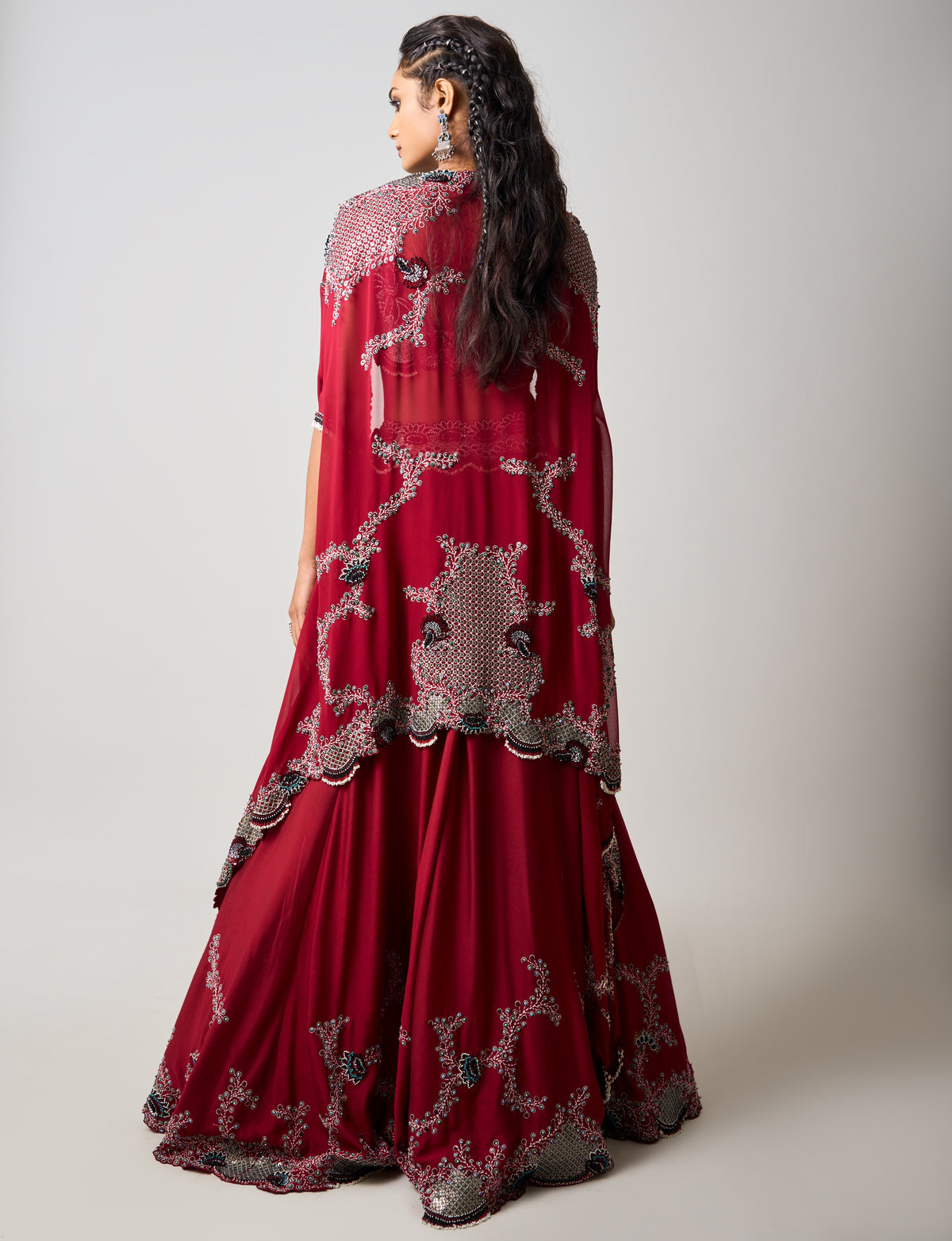 Burgundy Hand Embroidered Dupatta Cape & Lehenga Set