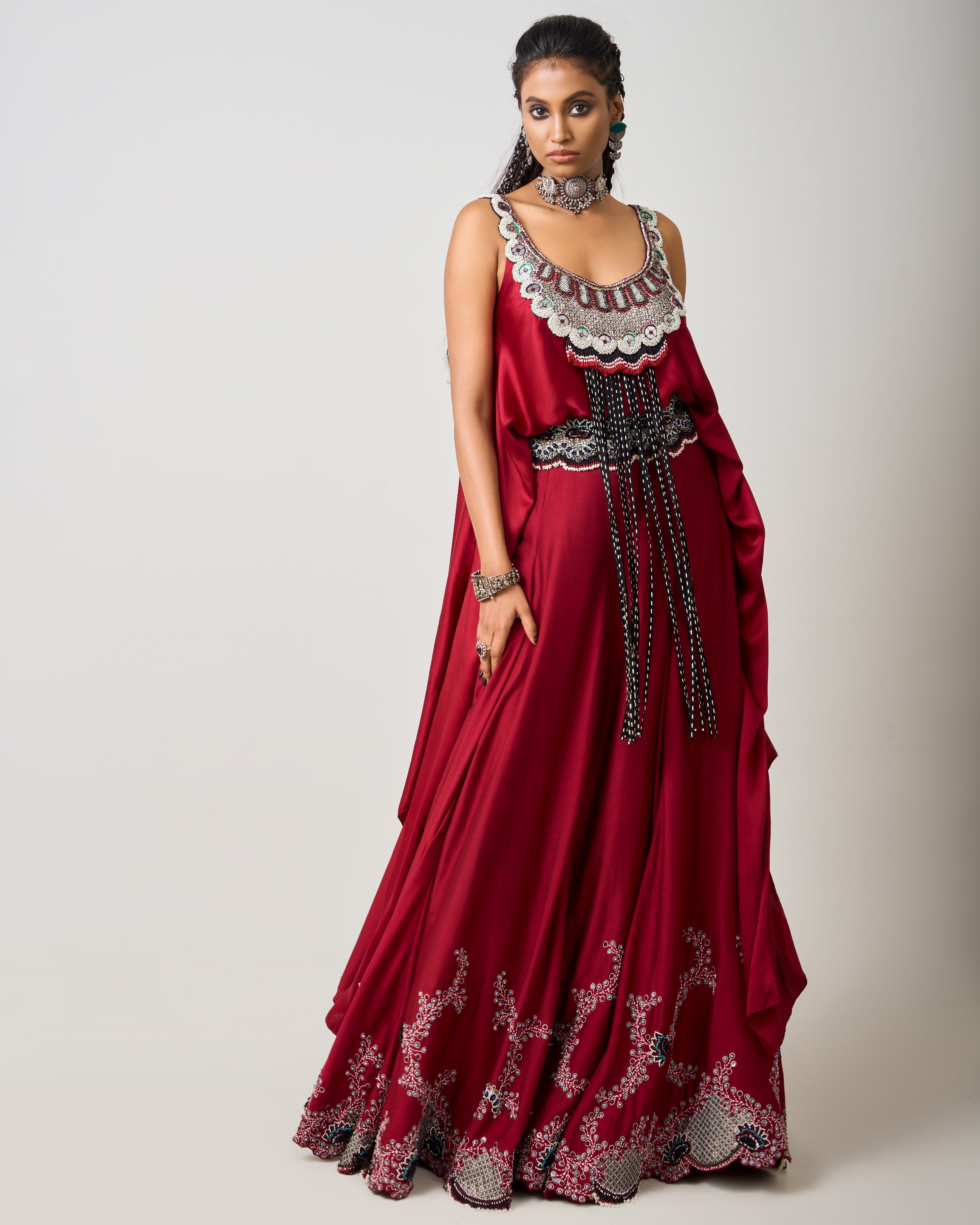 Burgundy Hand Embroidered Singlet With Lehenga Set