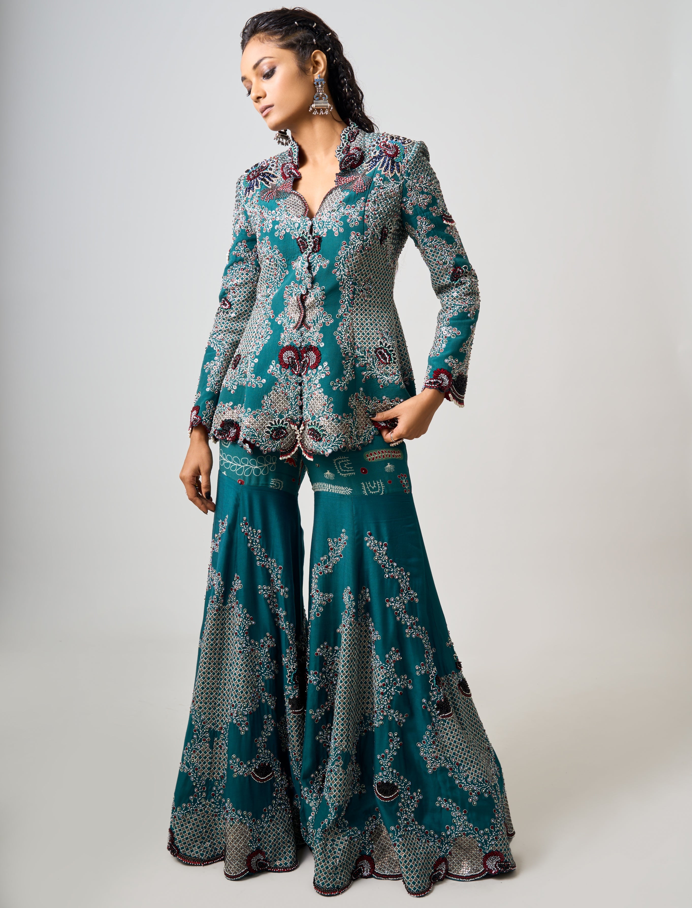 Teal Hand Embroidered Peplum And Gharara Set