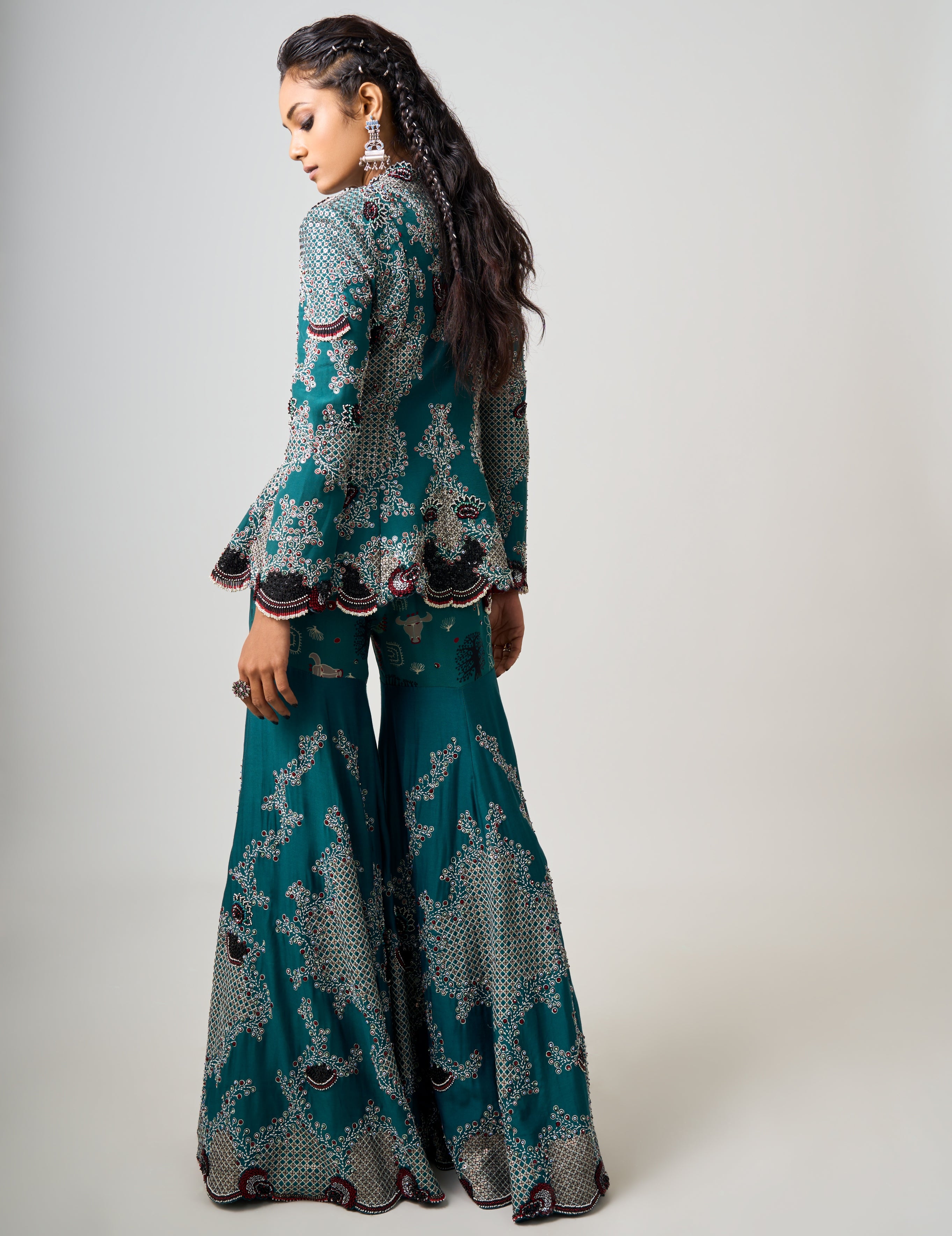 Teal Hand Embroidered Peplum And Gharara Set