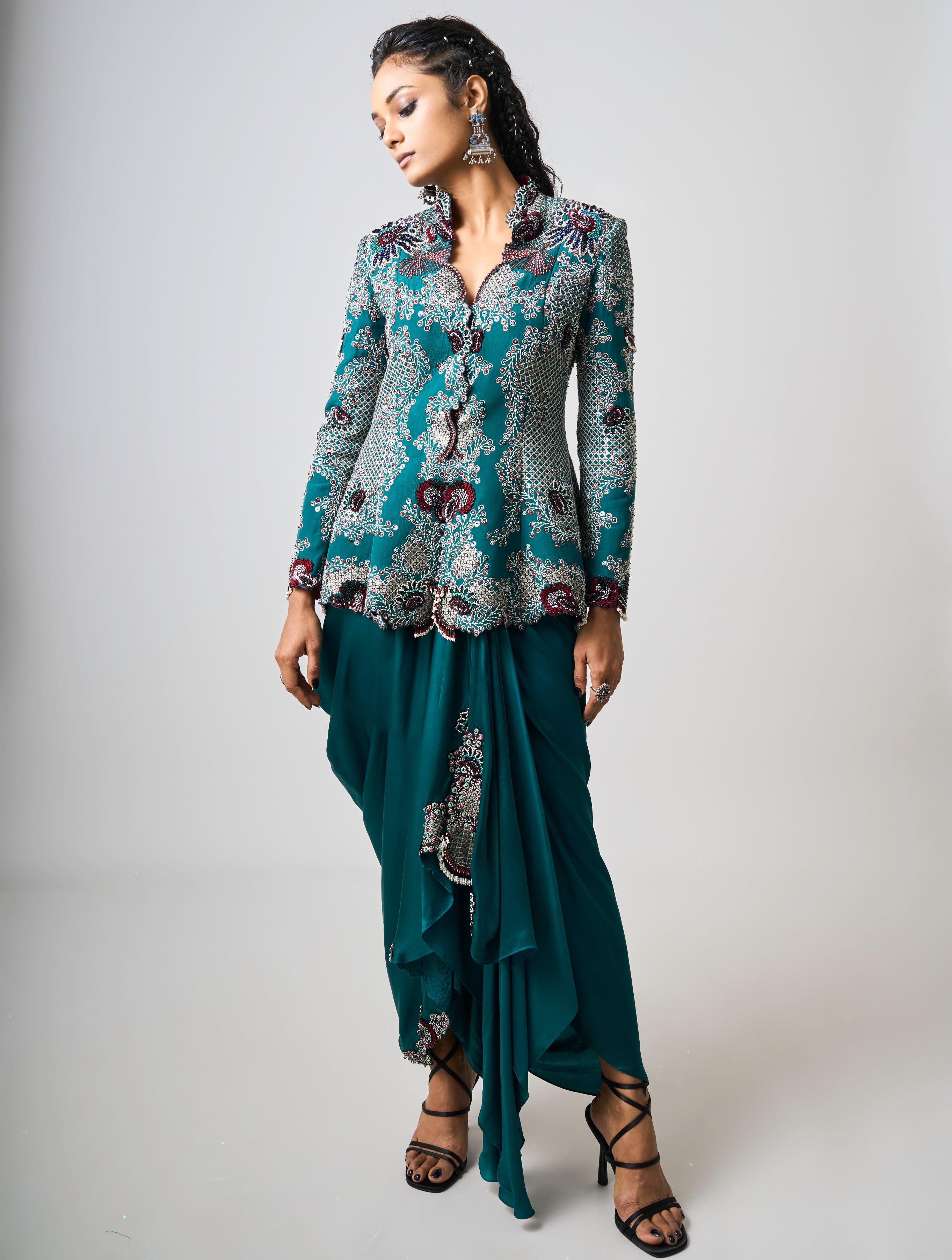 Teal Hand Embroidered Peplum With Cowl Skirt Set