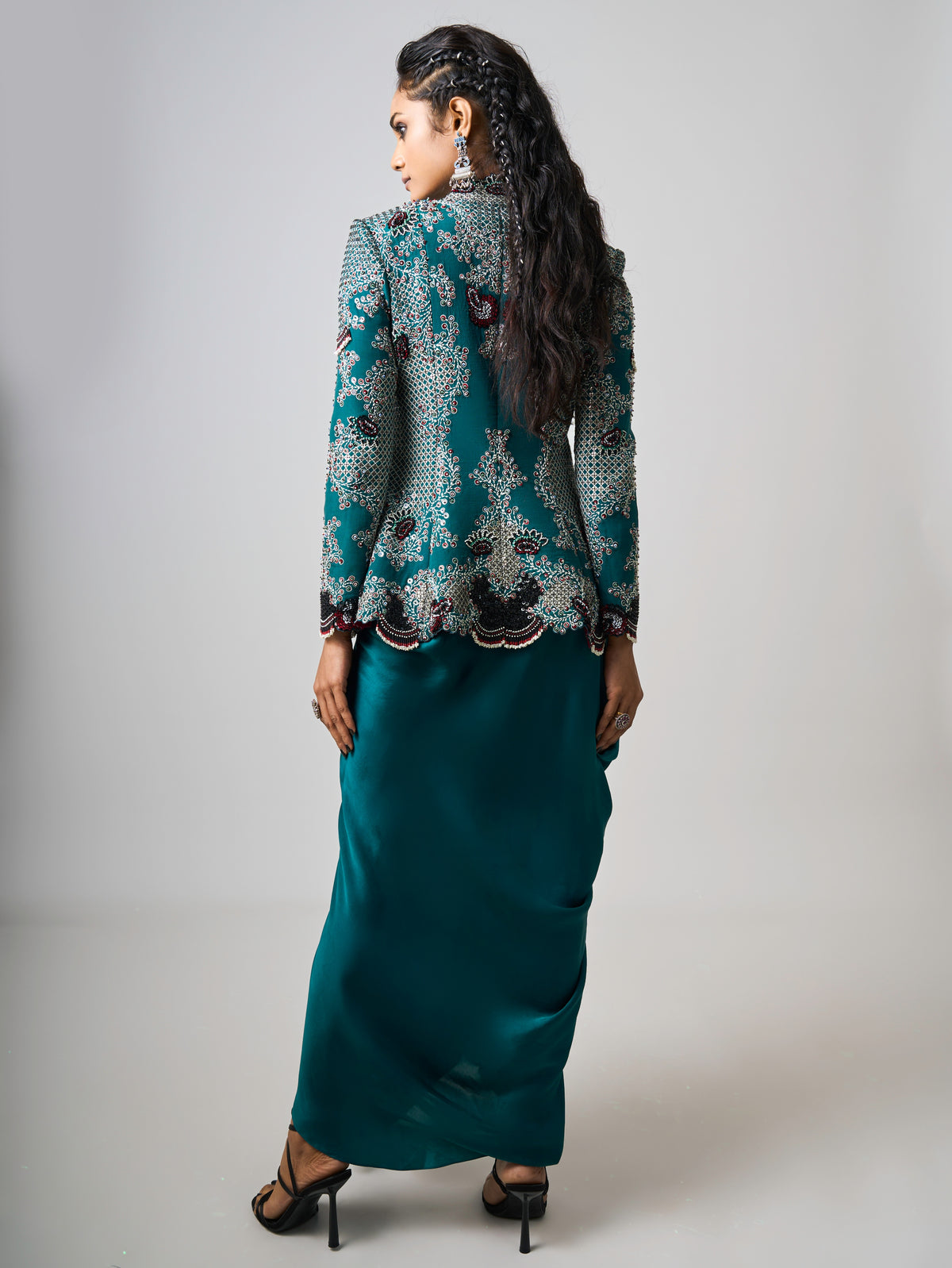 Teal Hand Embroidered Peplum With Cowl Skirt Set