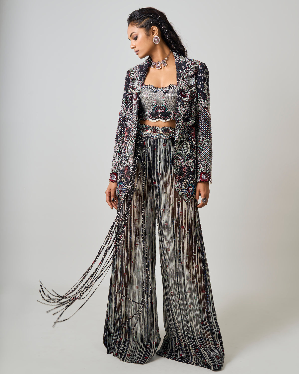 Black Hand Embroidered Blazer & Kantha A-Line Pants Set