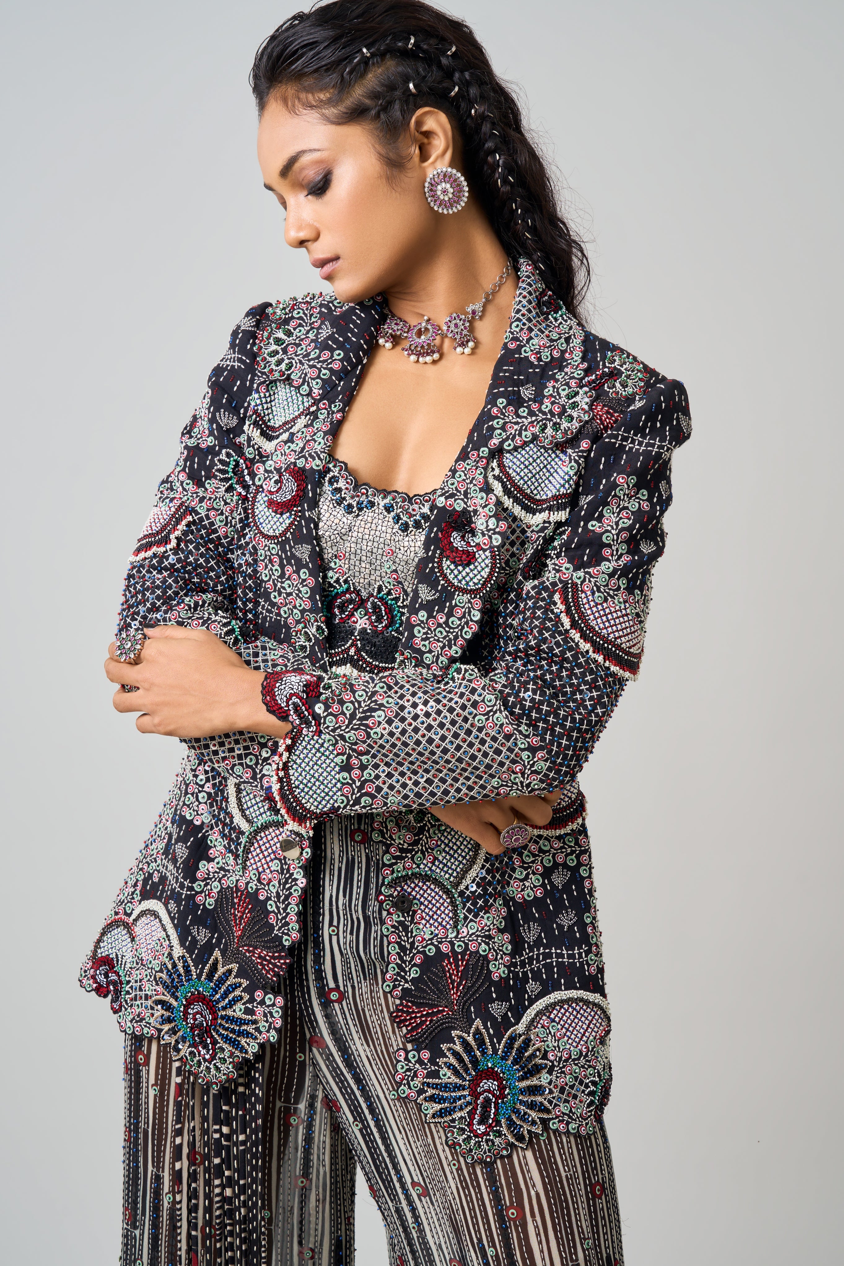 Black Hand Embroidered Blazer & Kantha A-Line Pants Set