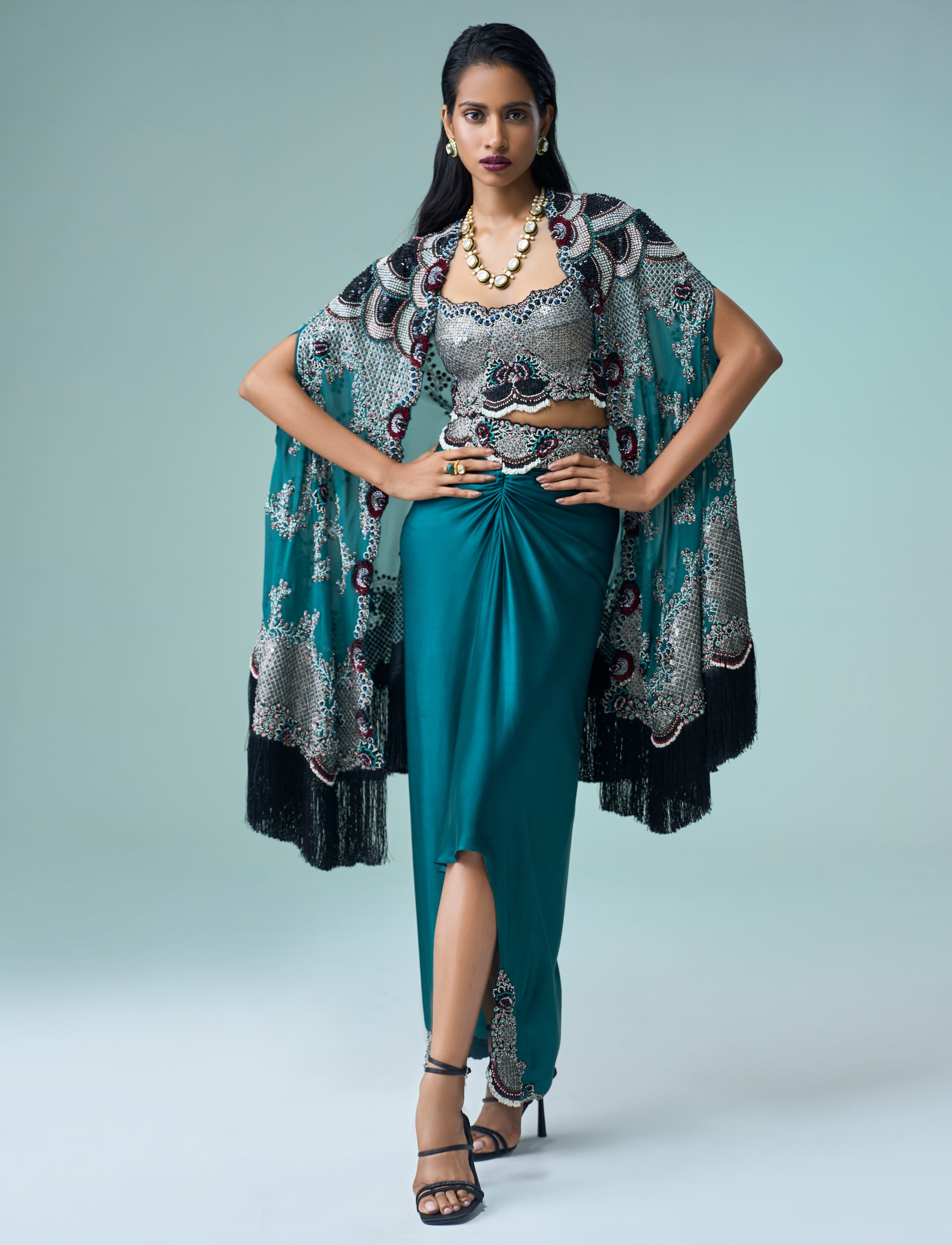 Teal Hand Embroidered Midi Cape & Pick Up Skirt Set