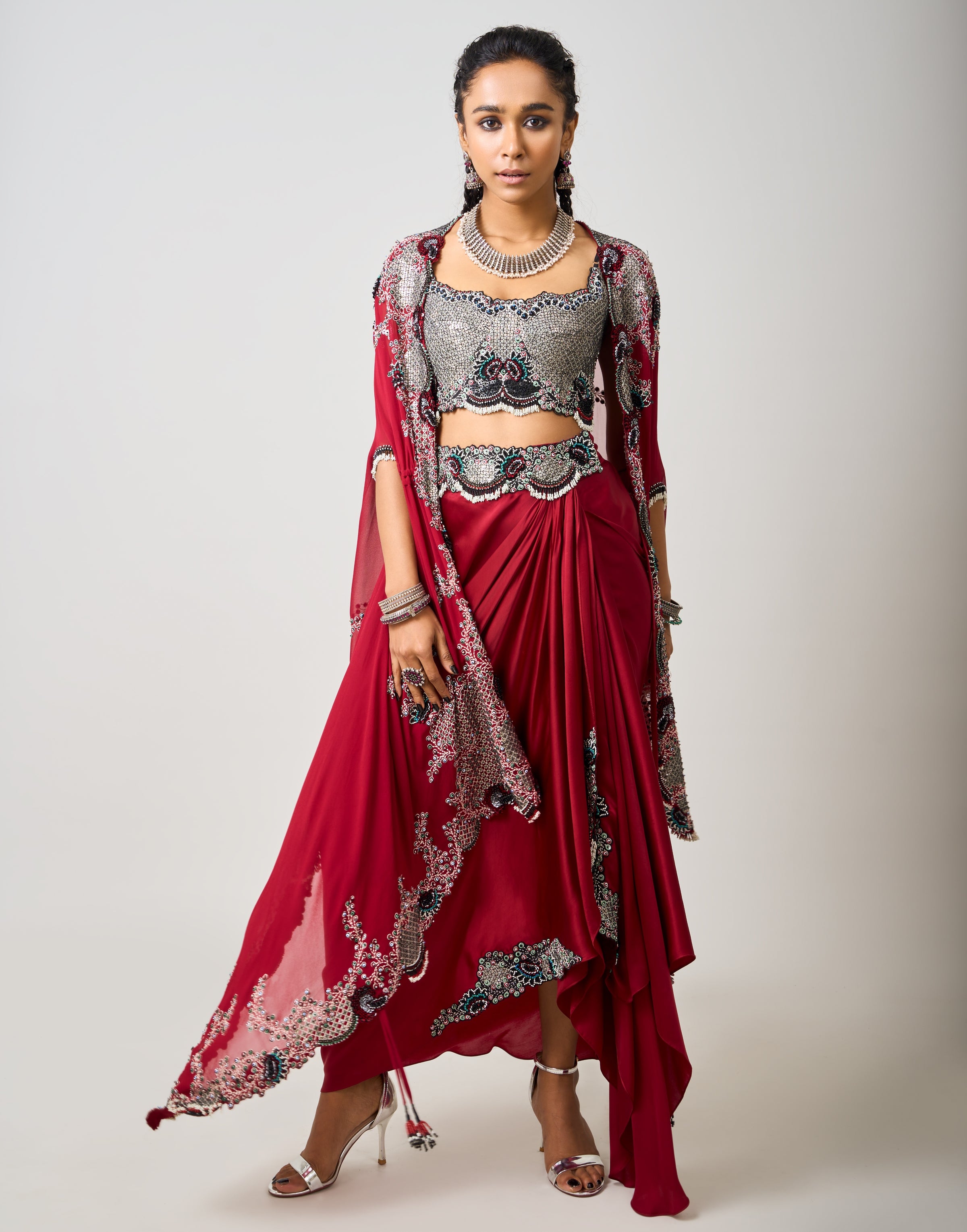 Burgundy Hand Embroidered Dupatta Cape & Cowl Skirt Set