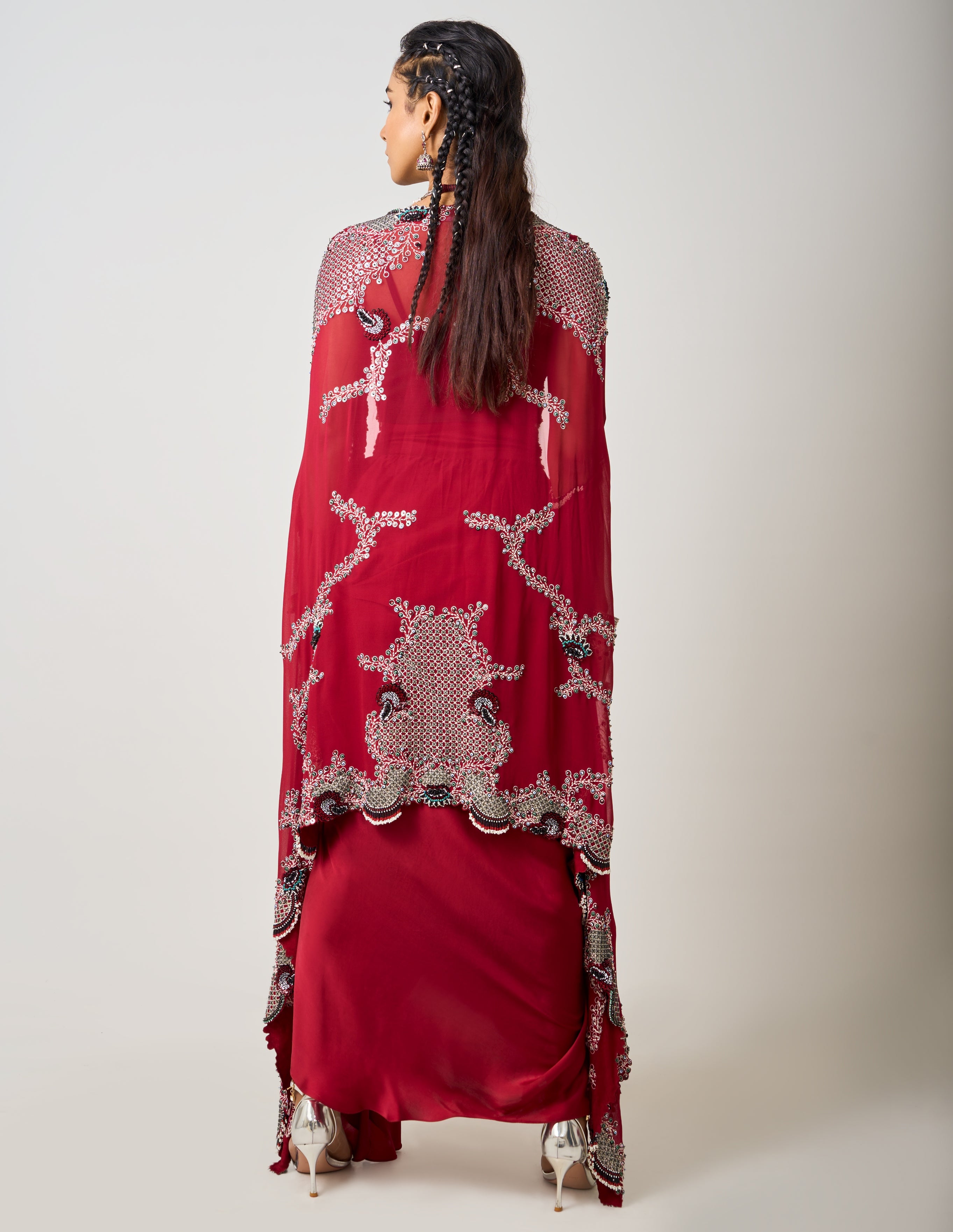 Burgundy Hand Embroidered Dupatta Cape & Cowl Skirt Set