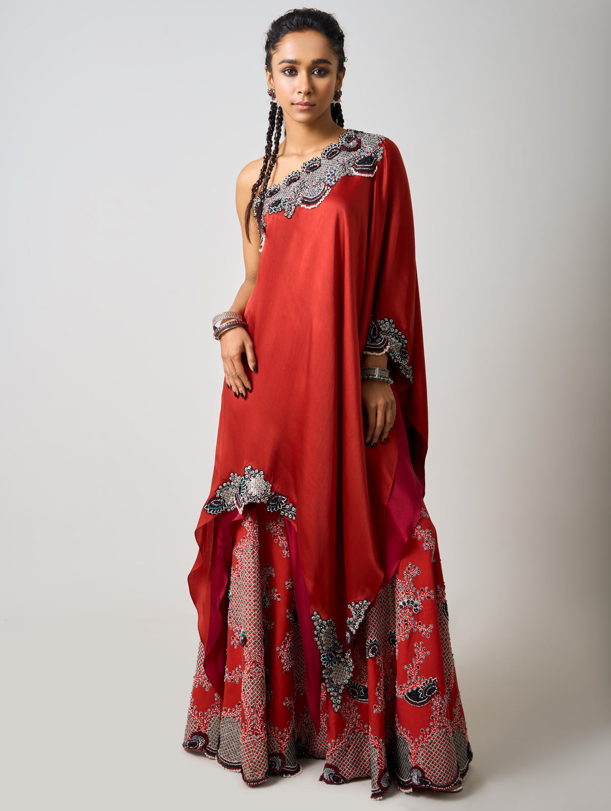 Rust Orange Hand Embroidered Double Layer Cape With Gharara Set