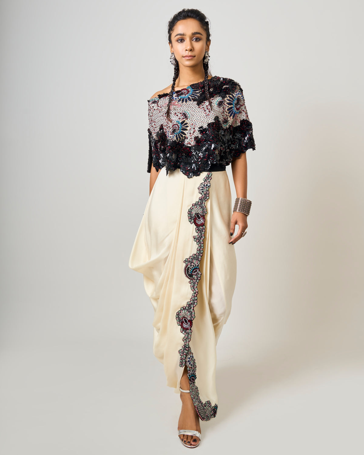 Black Hand-Embroidered Off-Shoulder Cape With White Sari Skirt Set