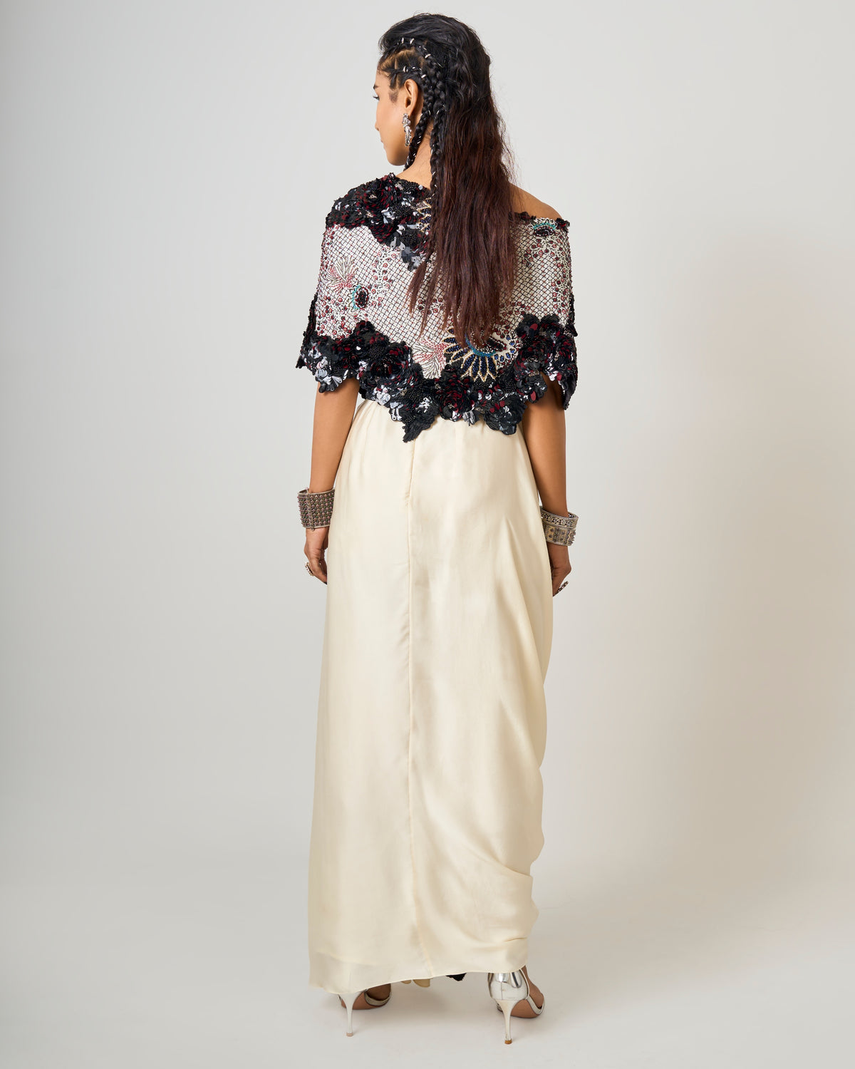 Black Hand-Embroidered Off-Shoulder Cape With White Sari Skirt Set