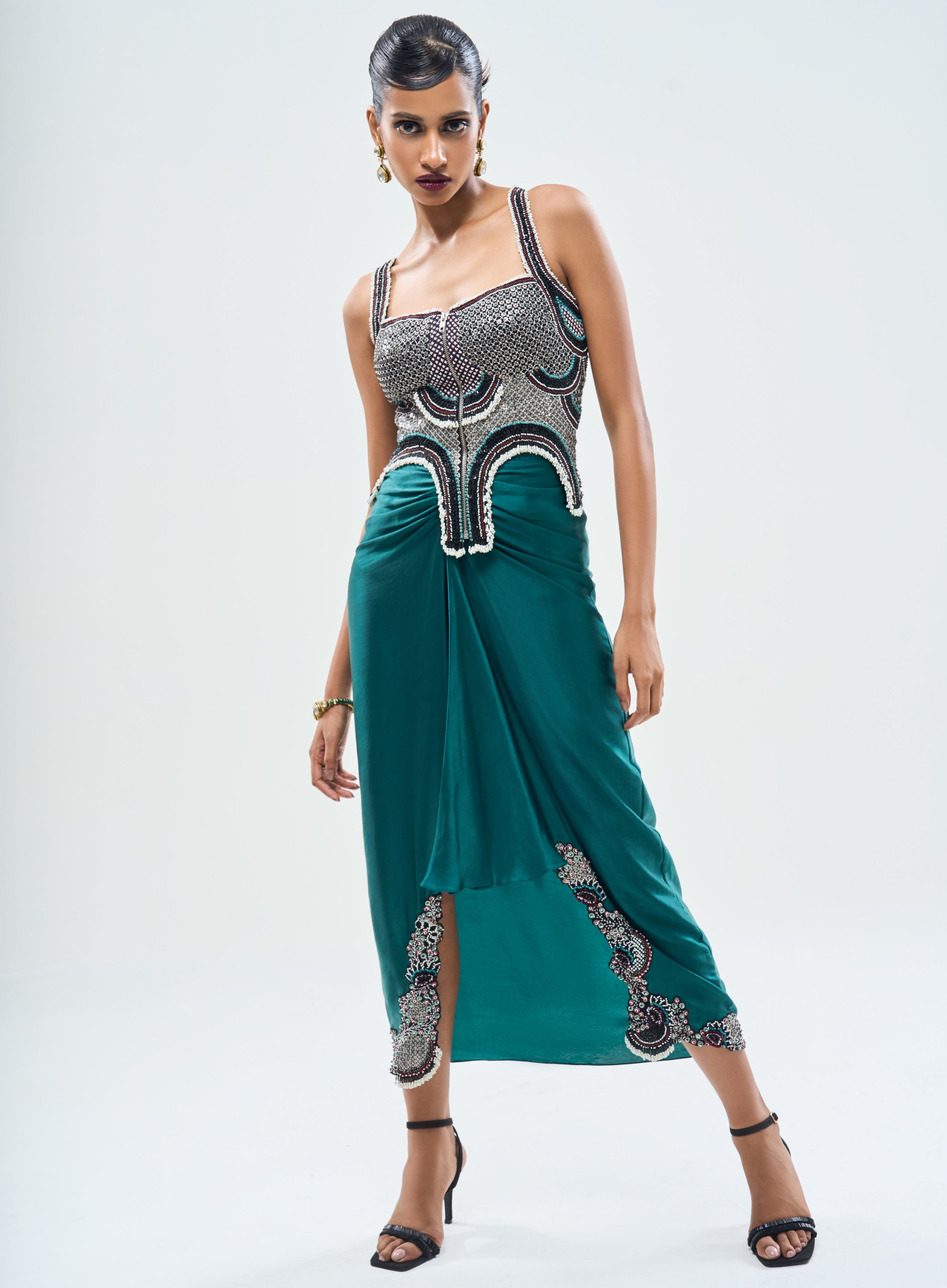 Teal Hand Embroidered Corset & Pick Up Skirt Set