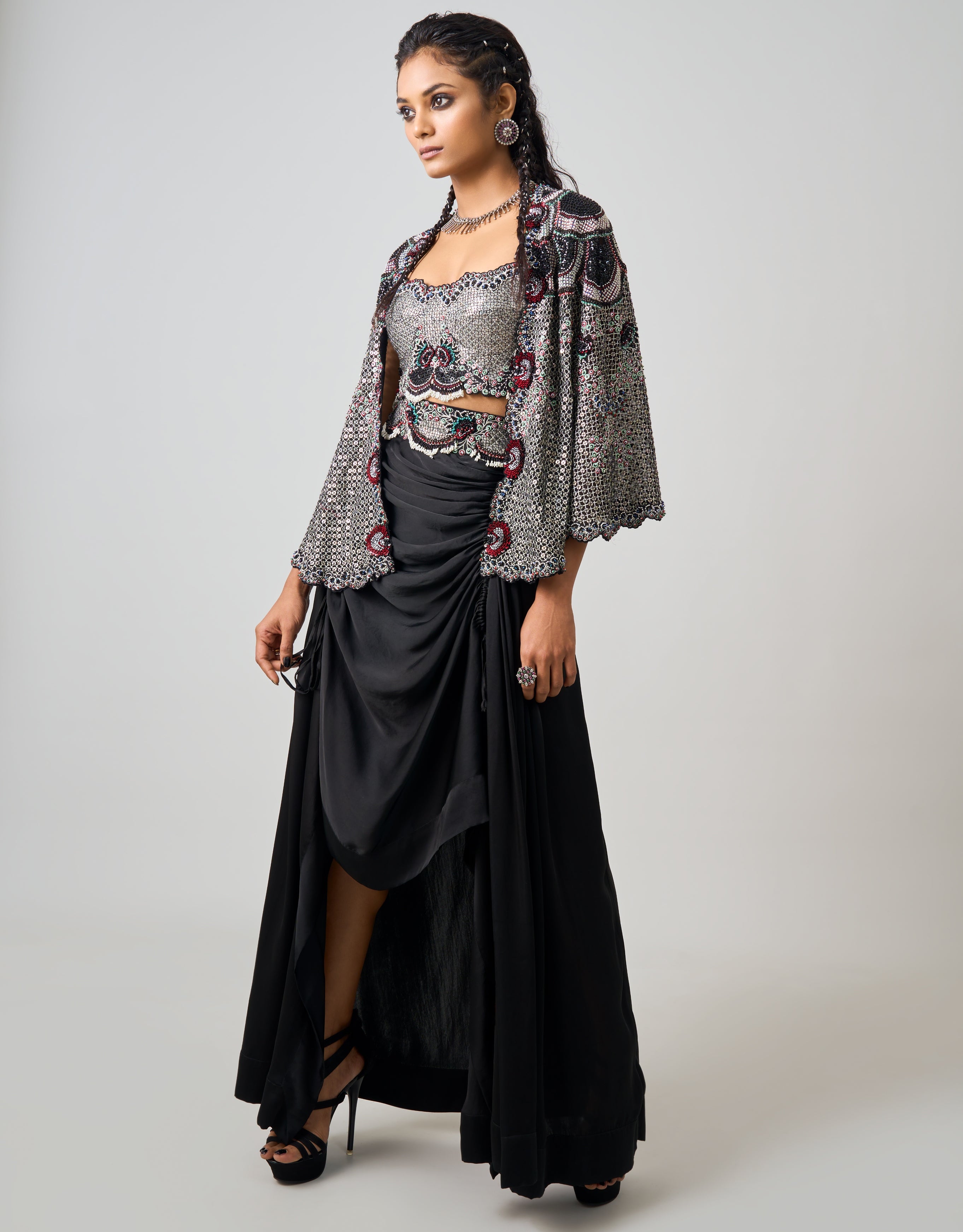 Black Hand Embroidered Short Cape & Drawstring Skirt Set