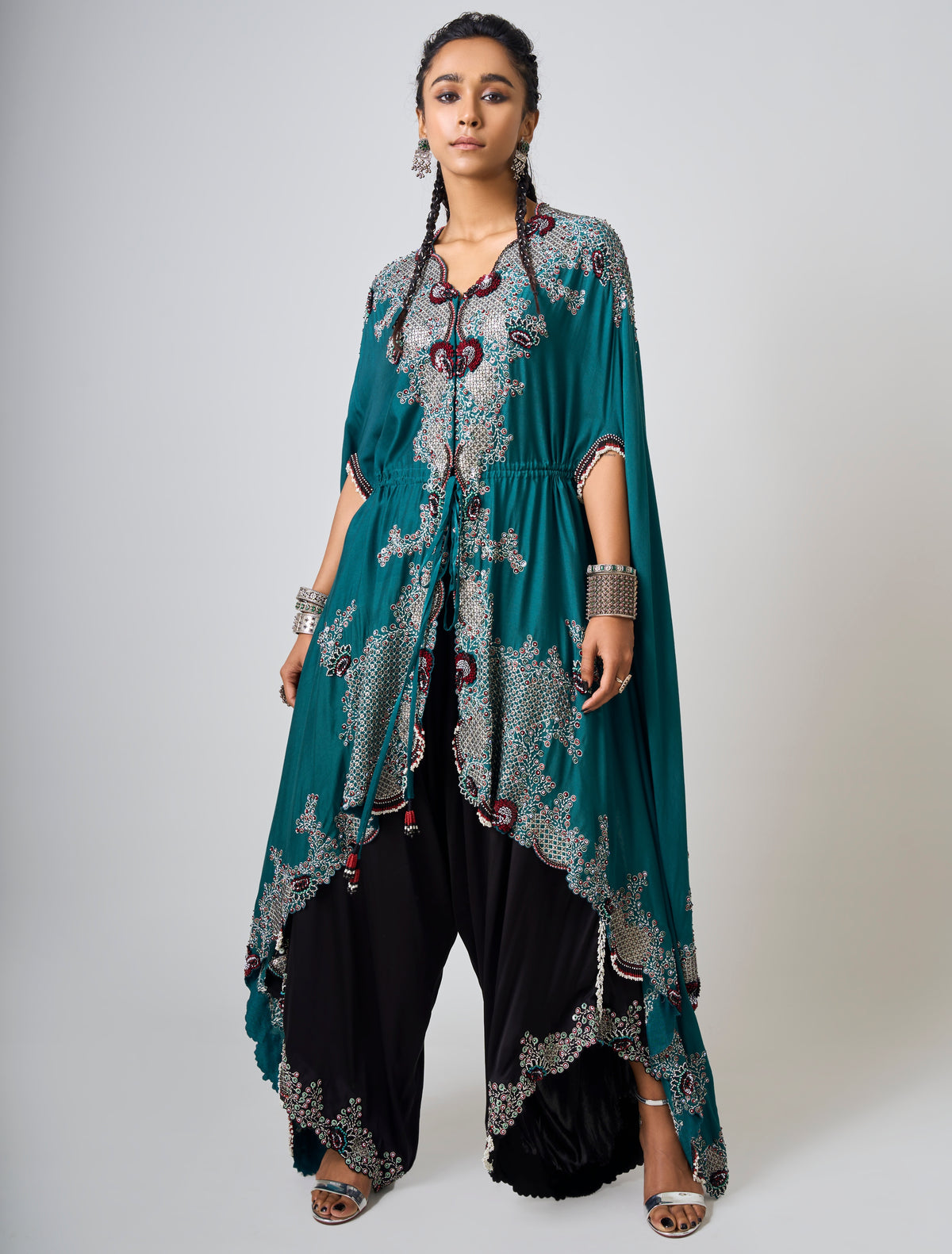 Teal Hand Embroidered Closed Dupatta & Black Drape Pants Set