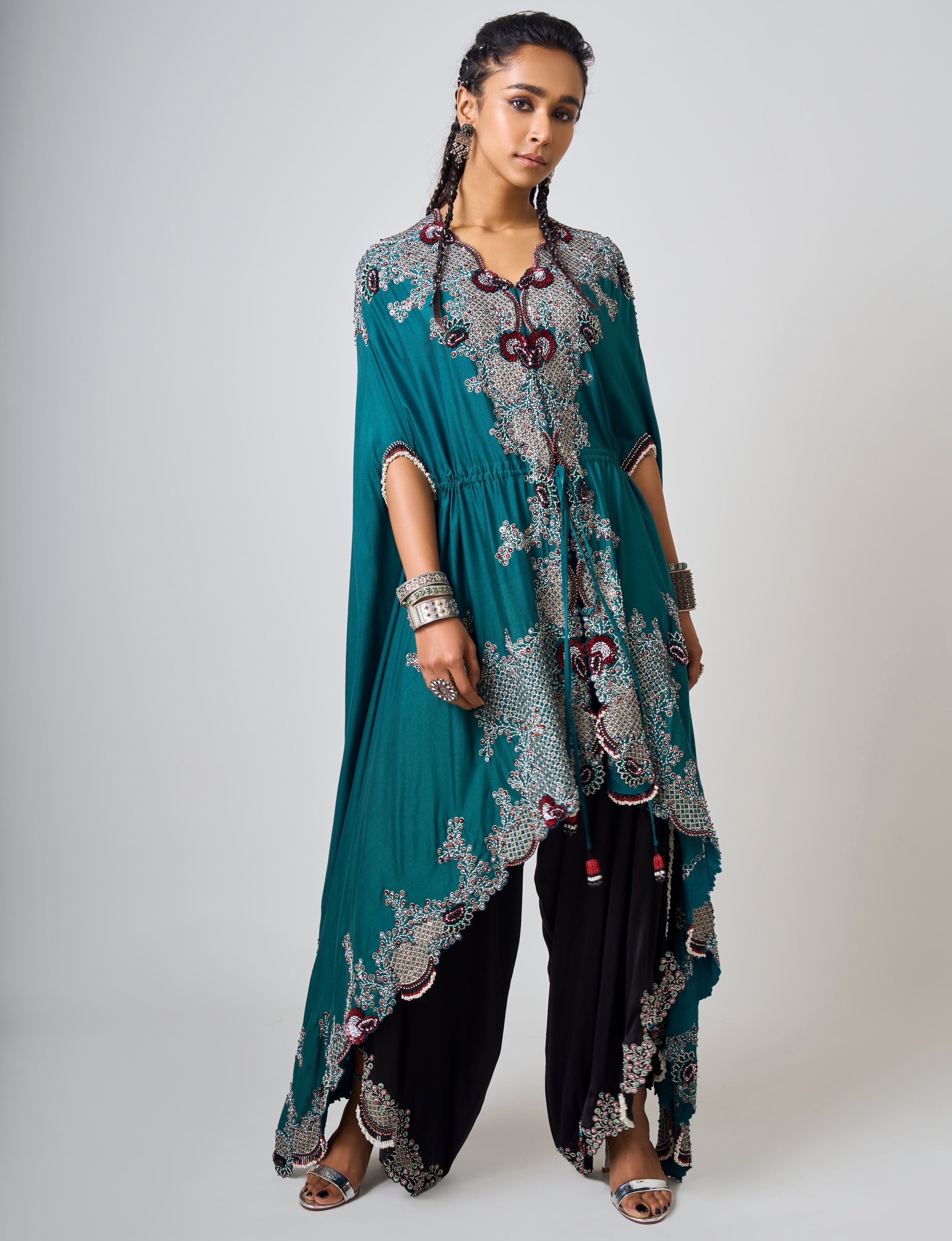 Teal Hand Embroidered Closed Dupatta & Black Drape Pants Set