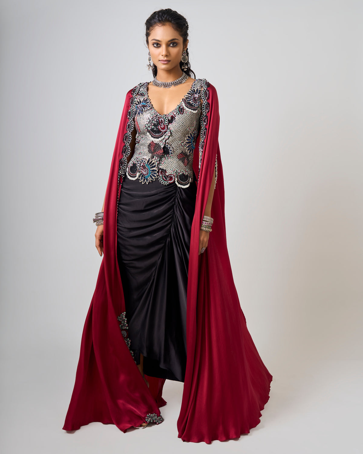 Black Hand Embroidered Floral Waistcoat With Burgundy Slit Cape Set