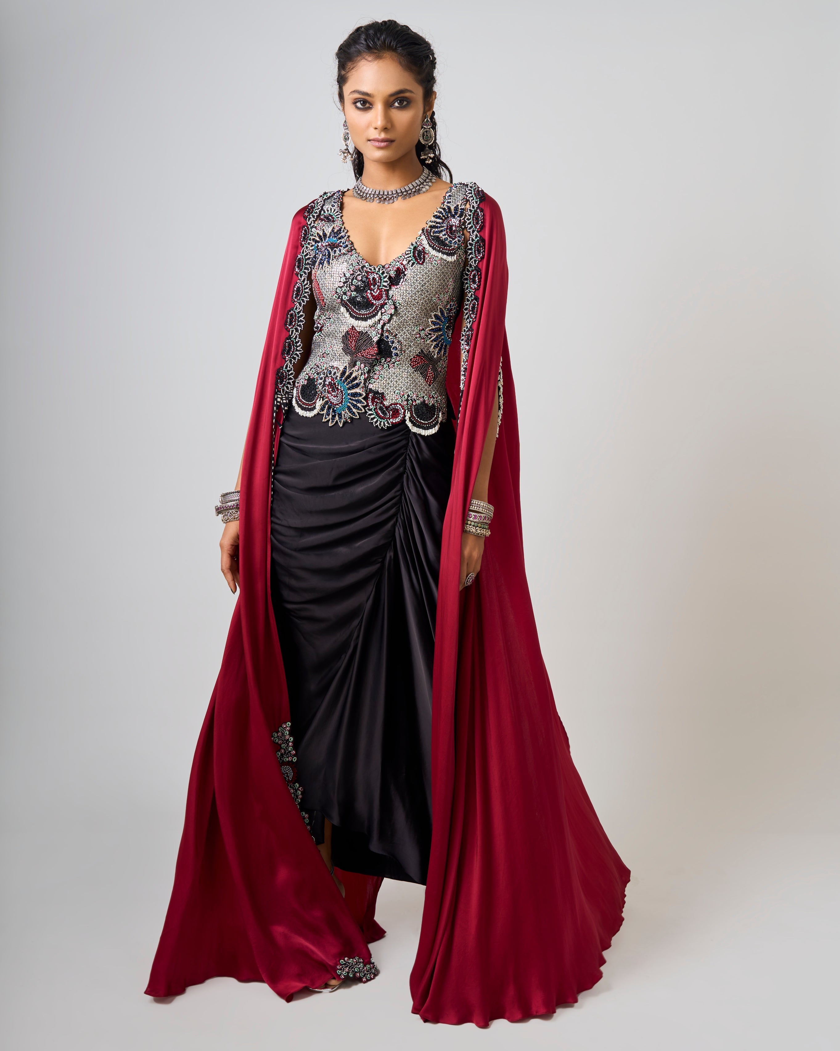 Black Hand Embroidered Floral Waistcoat With Burgundy Slit Cape Set