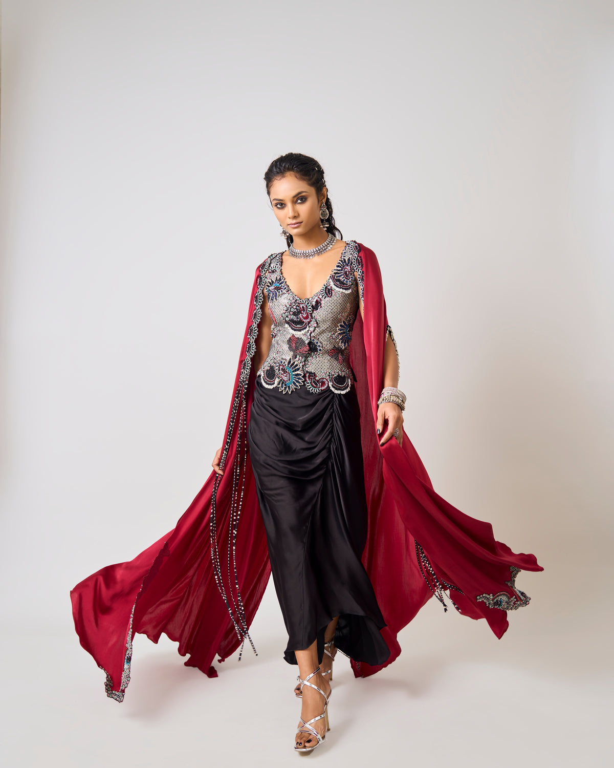 Black Hand Embroidered Floral Waistcoat With Burgundy Slit Cape Set