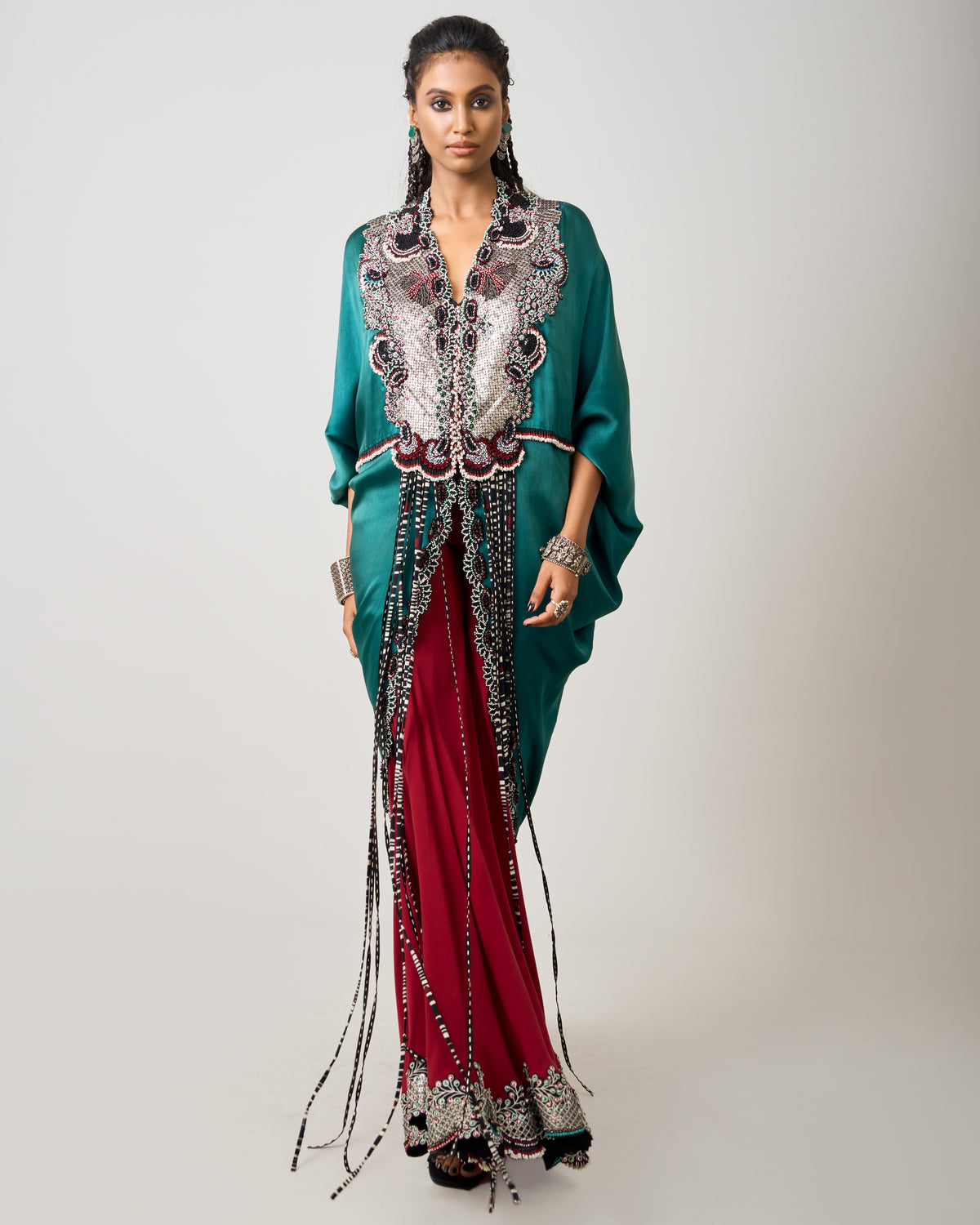 Teal Hand Embroidered Long Kite With Burgundy Gharara Set