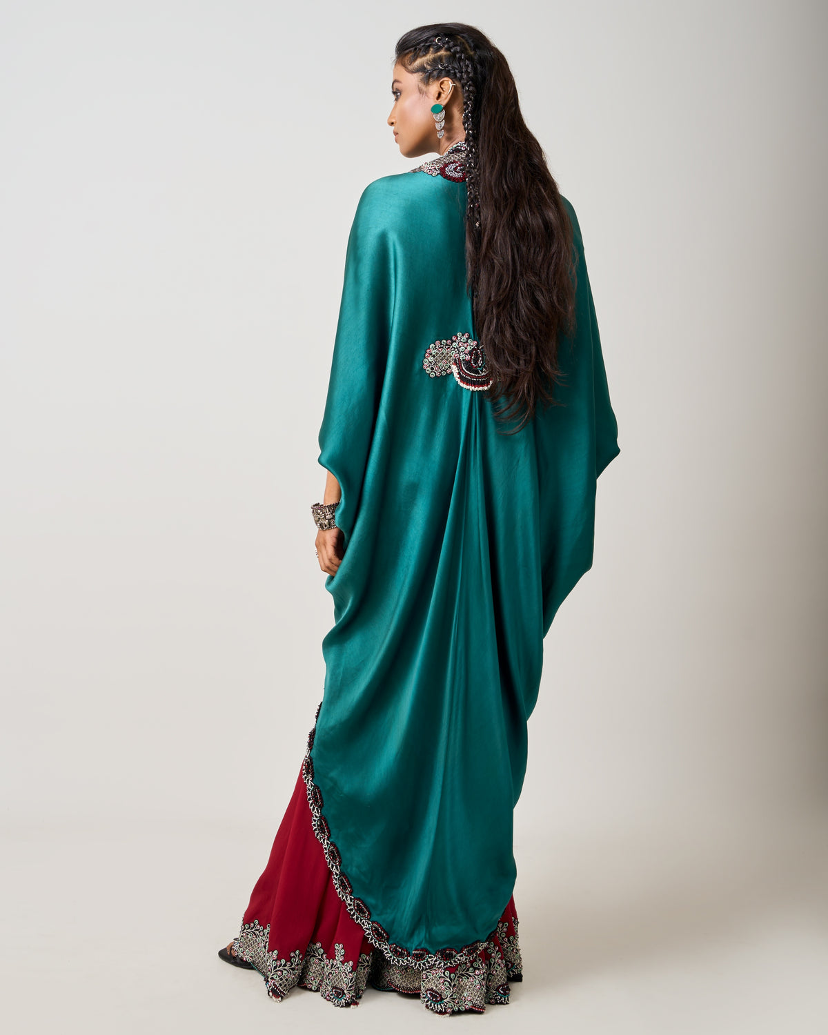 Teal Hand Embroidered Long Kite With Burgundy Gharara Set