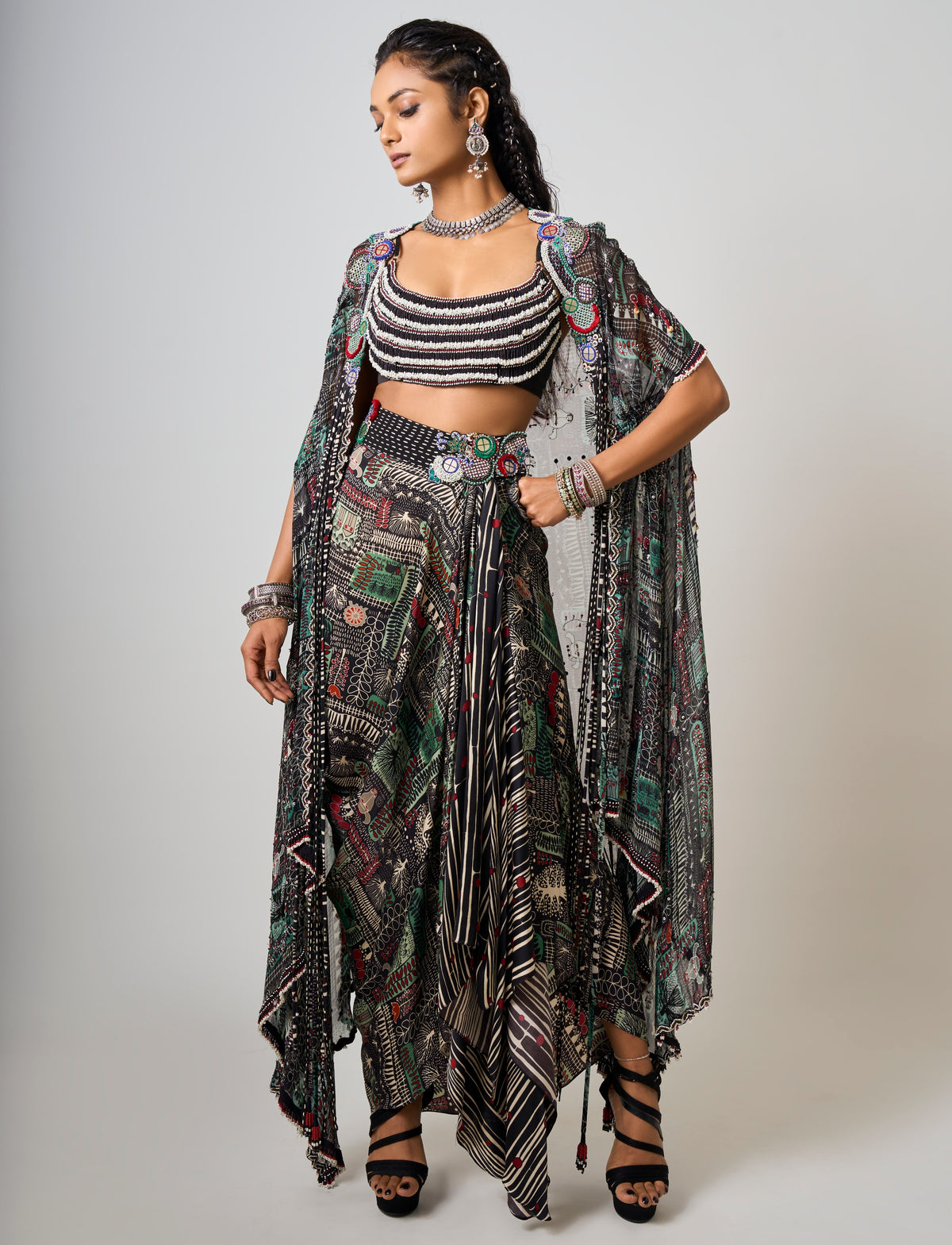 Black Printed & Hand Embroidered Dupatta Cape With Cowl Skirt Set