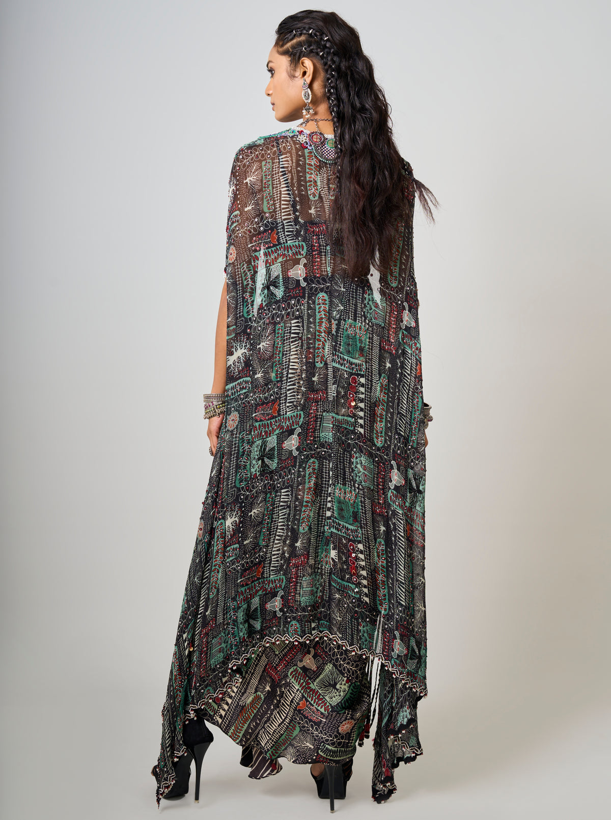 Black Printed & Hand Embroidered Dupatta Cape With Cowl Skirt Set