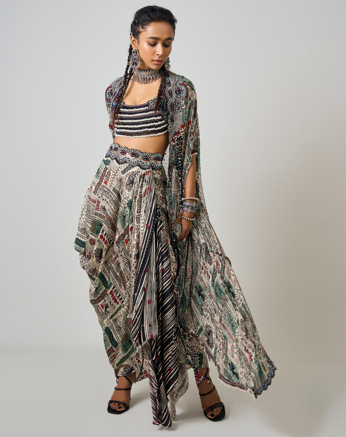 Off-White Printed & Hand Embroidered Dupatta Cape With Cowl Skirt Set