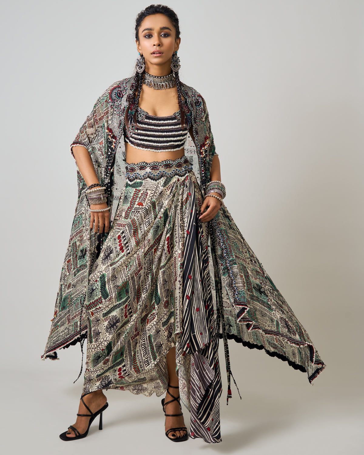 Off-White Printed & Hand Embroidered Dupatta Cape With Cowl Skirt Set