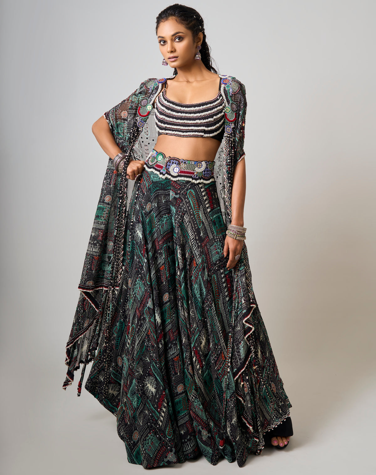 Black Printed & Embroidered Dupatta Cape & Circular Pant Set