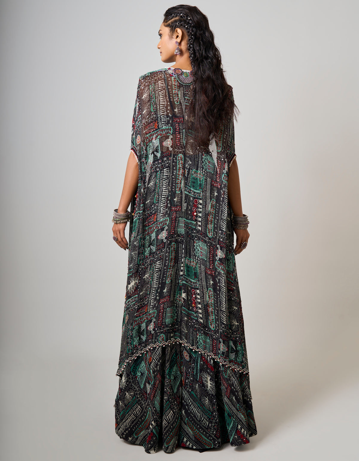 Black Printed & Embroidered Dupatta Cape & Circular Pant Set