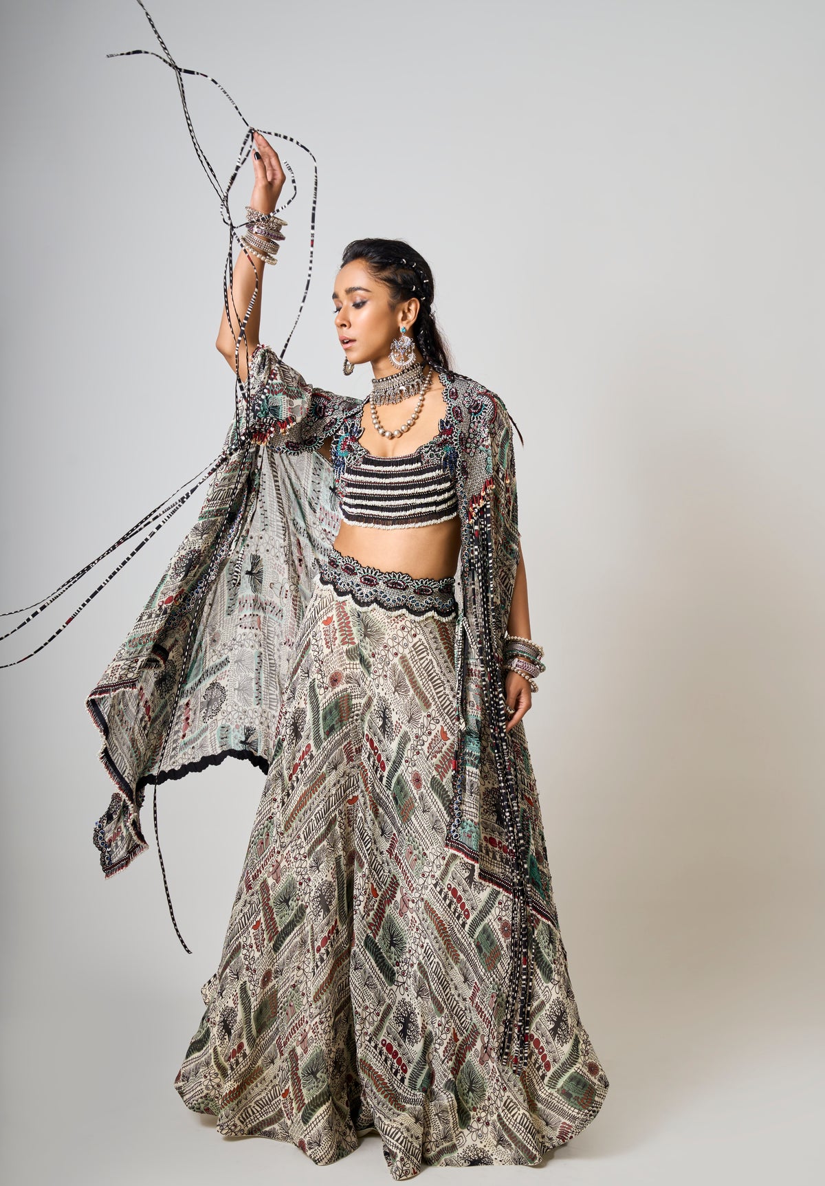 Off-White Printed & Embroidered Dupatta Cape & Circular Pant Set