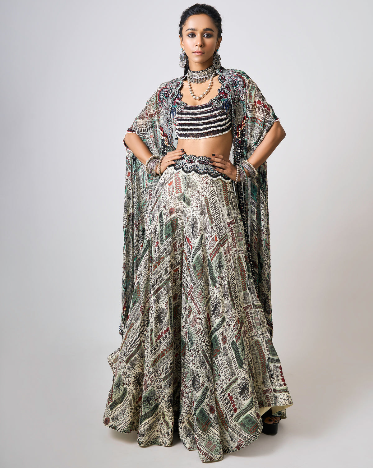 Off-White Printed & Embroidered Dupatta Cape & Circular Pant Set