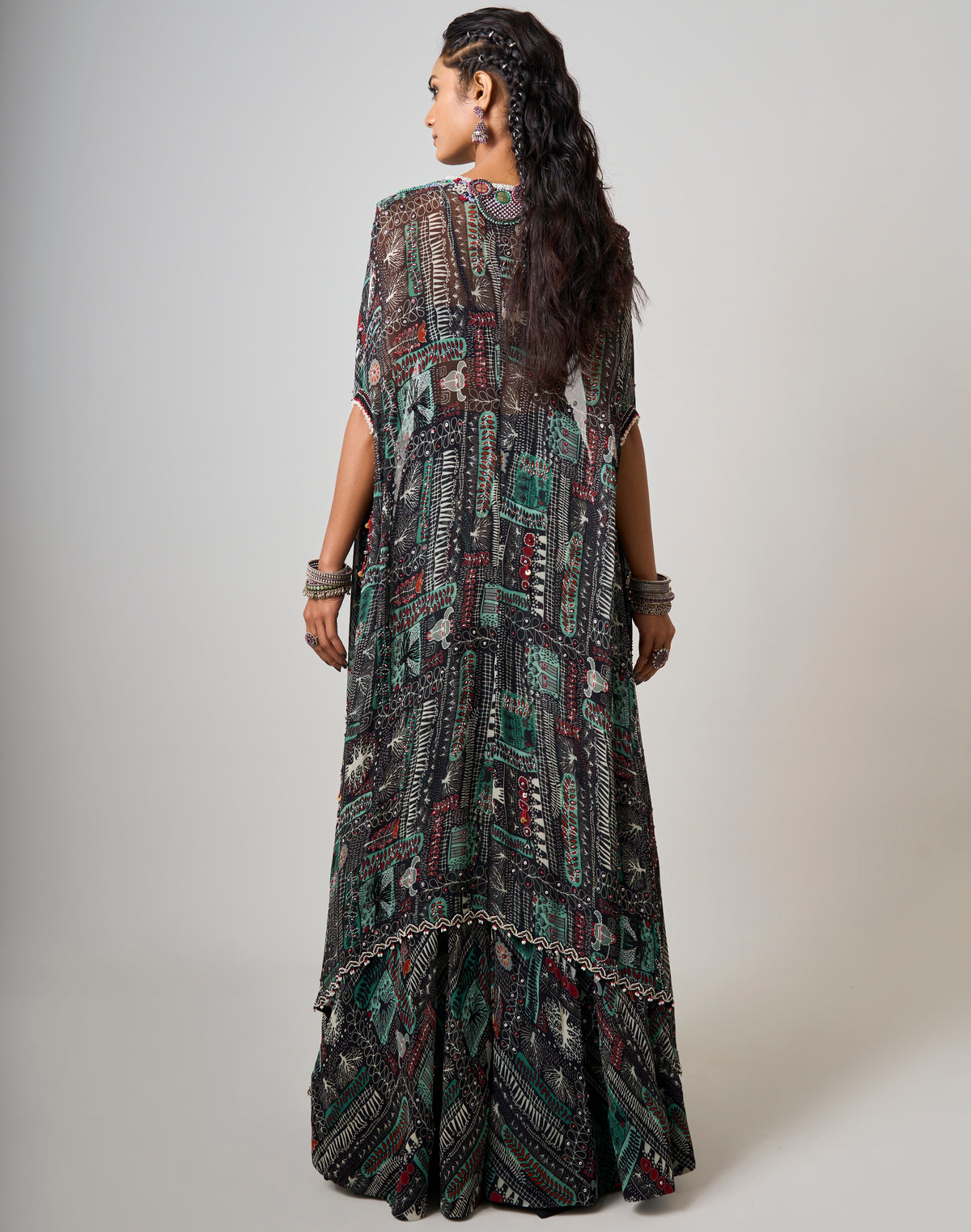 Black Printed & Embroidered Dupatta Cape And Lehenga set