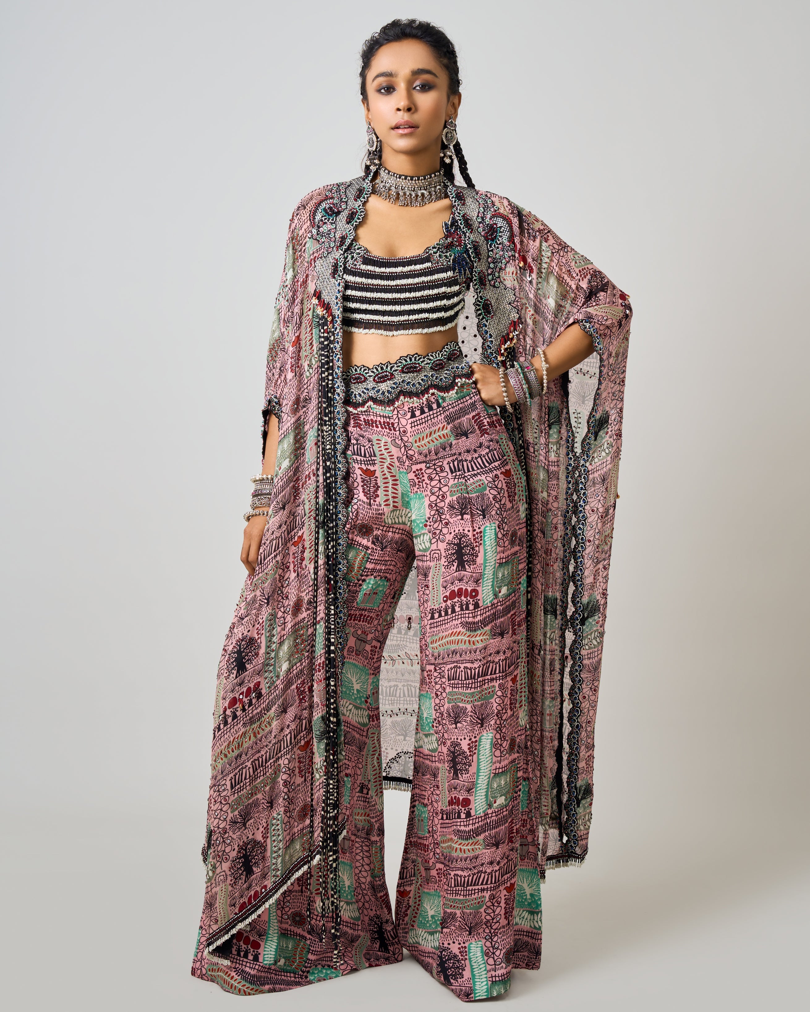 Old Rose Printed & Hand-Embroidered Kaftan Jacket Pants Set