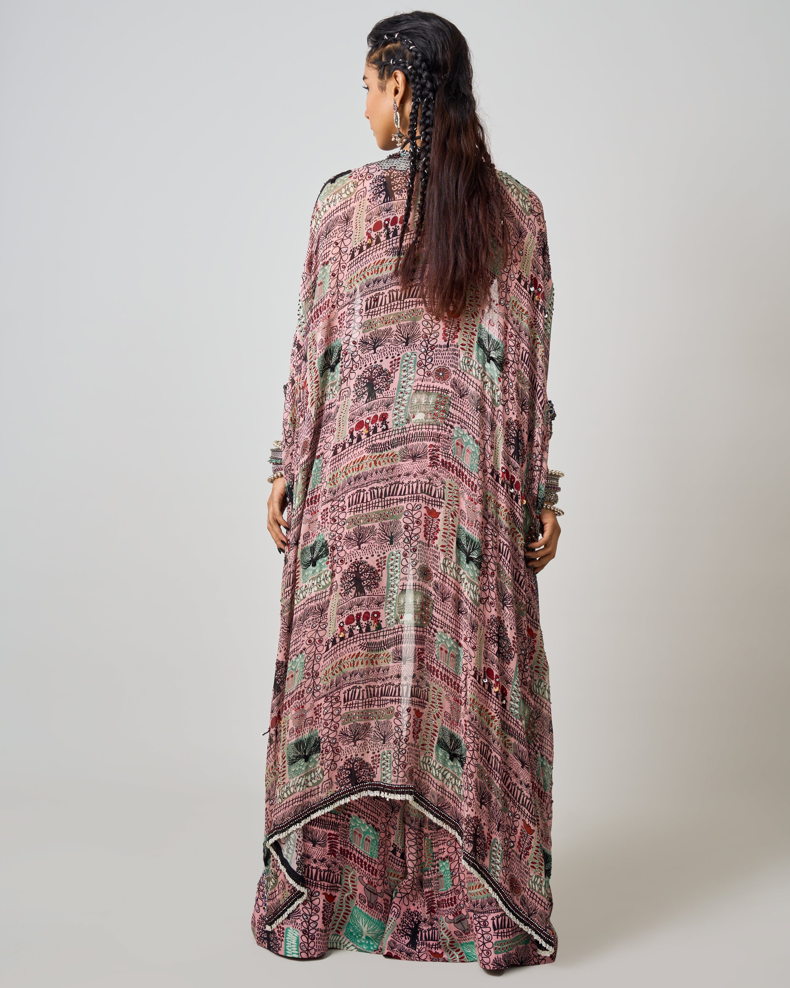 Old Rose Printed & Hand-Embroidered Kaftan Jacket Pants Set