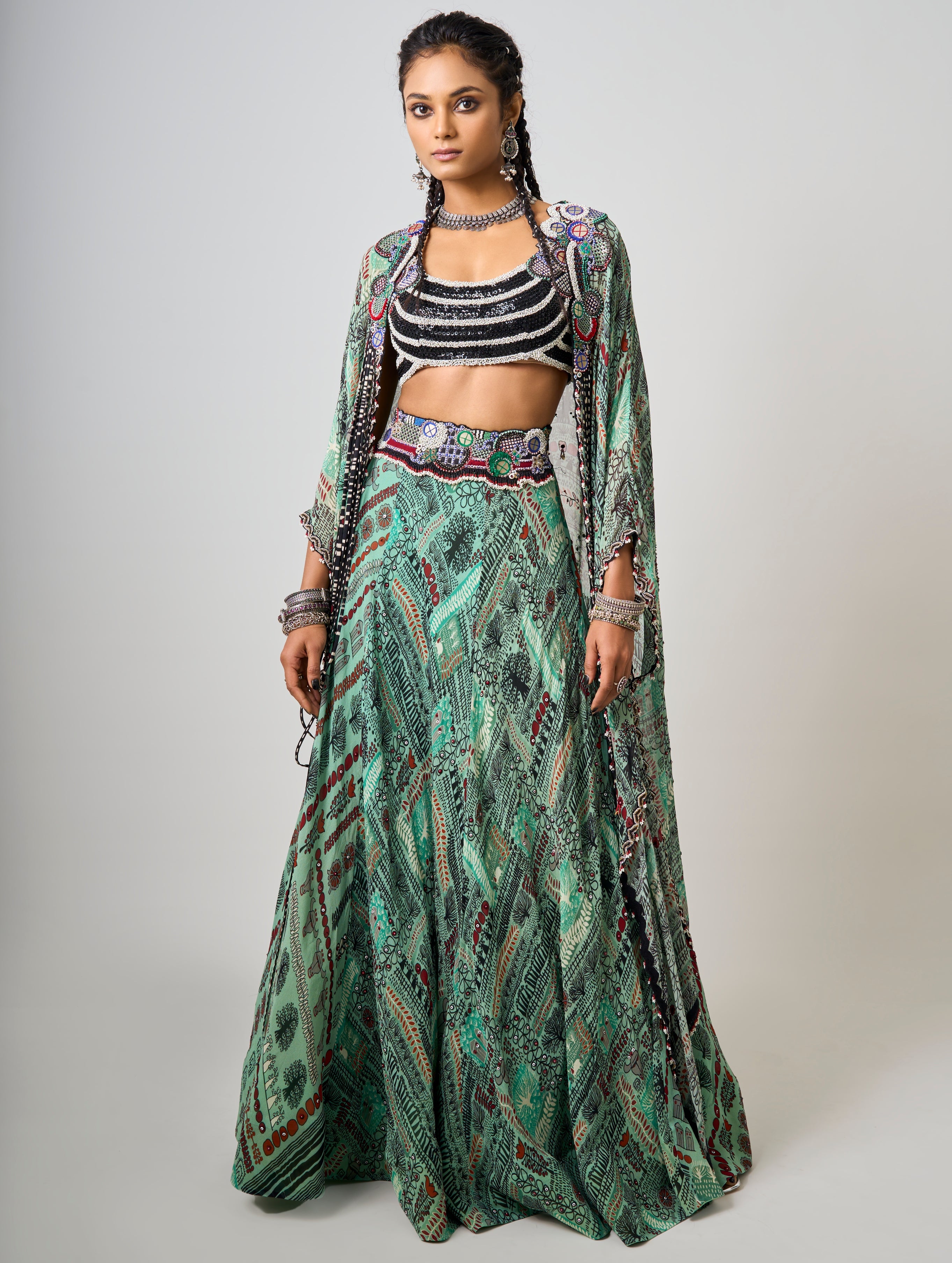 Mint Kaftan Printed & Embroidered Kaftan With Lehenga Set