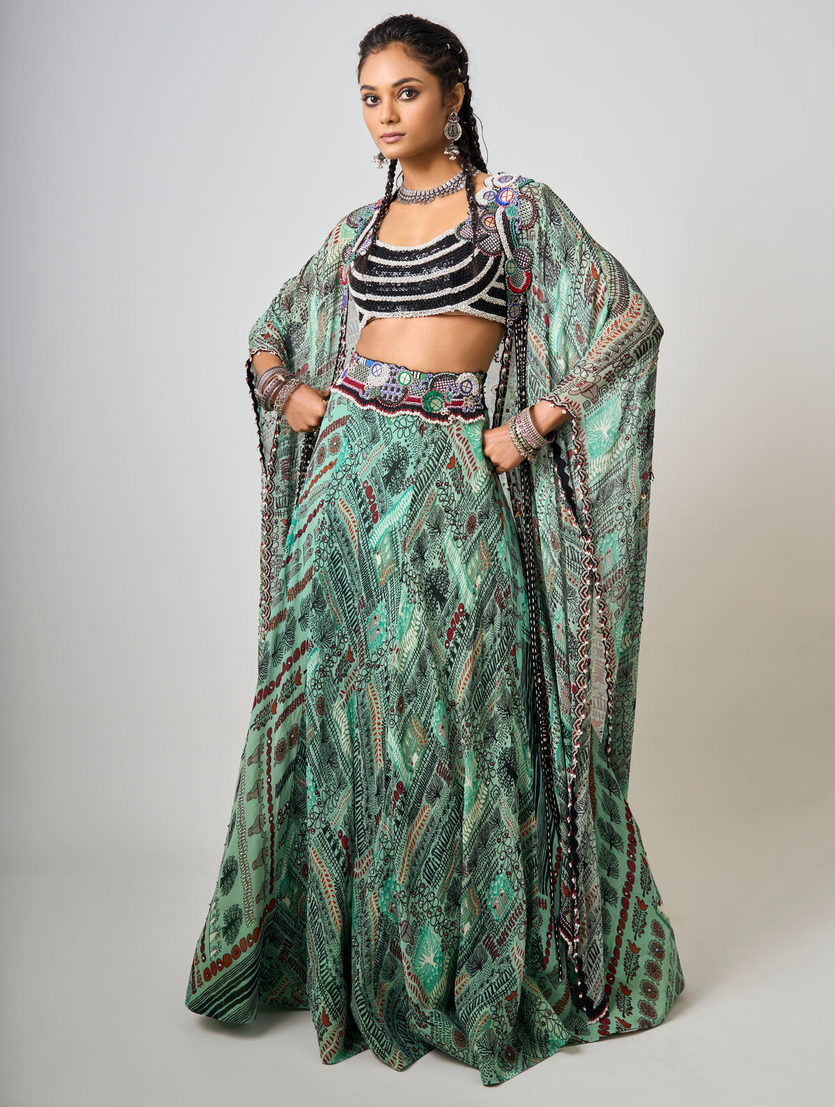 Mint Kaftan Printed & Embroidered Kaftan With Lehenga Set