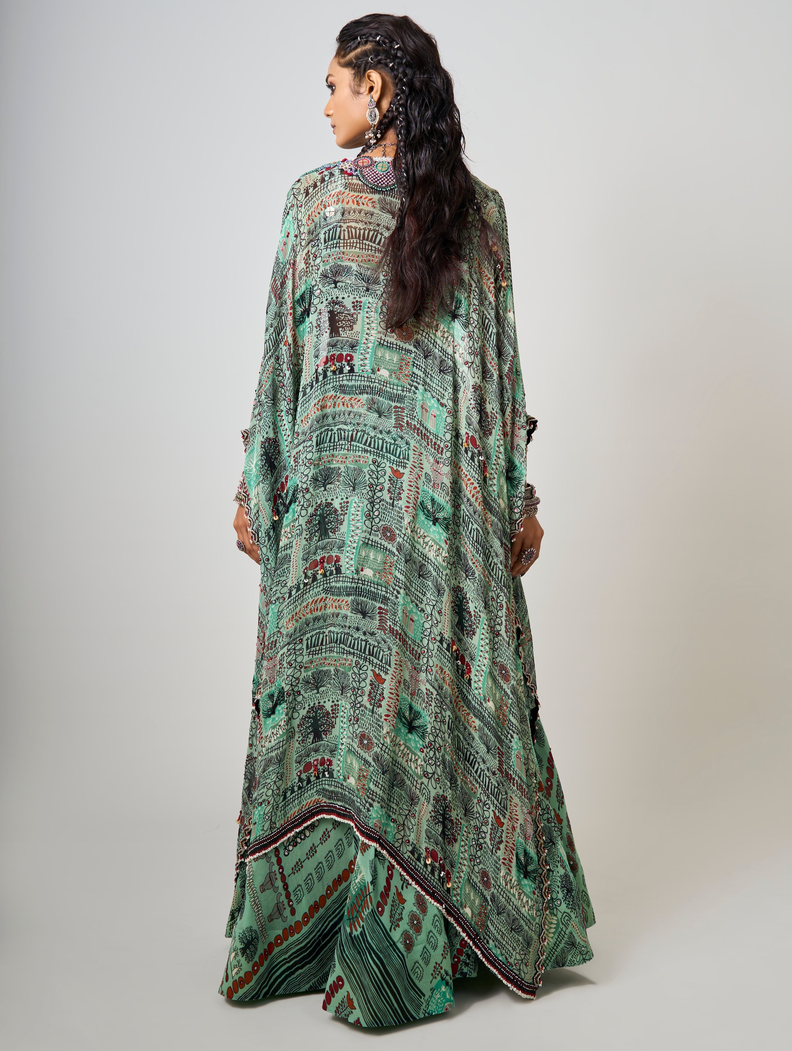 Mint Kaftan Printed & Embroidered Kaftan With Lehenga Set