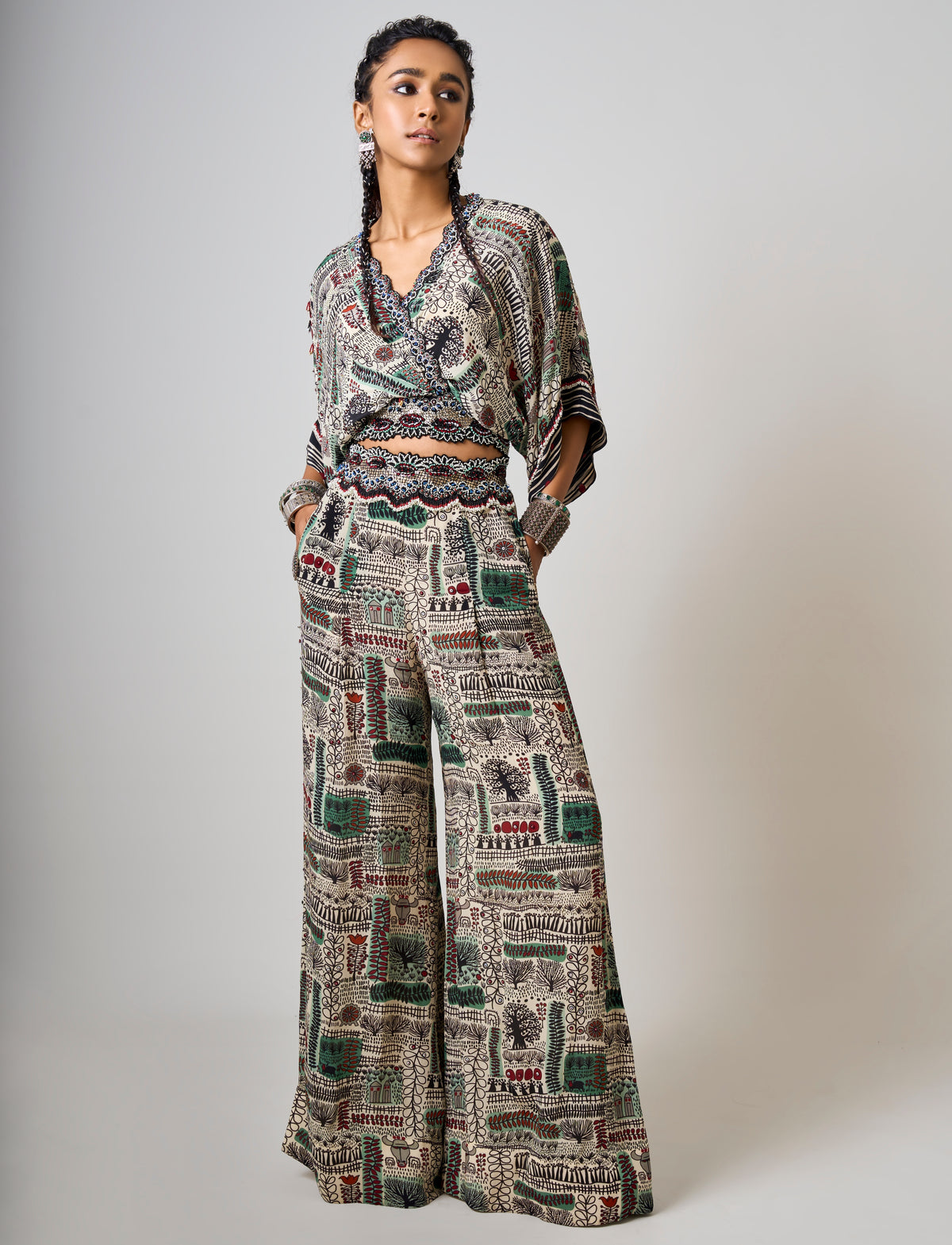 Off-White Printed & Hand-Embroidered Kaftan Top With Pant Set