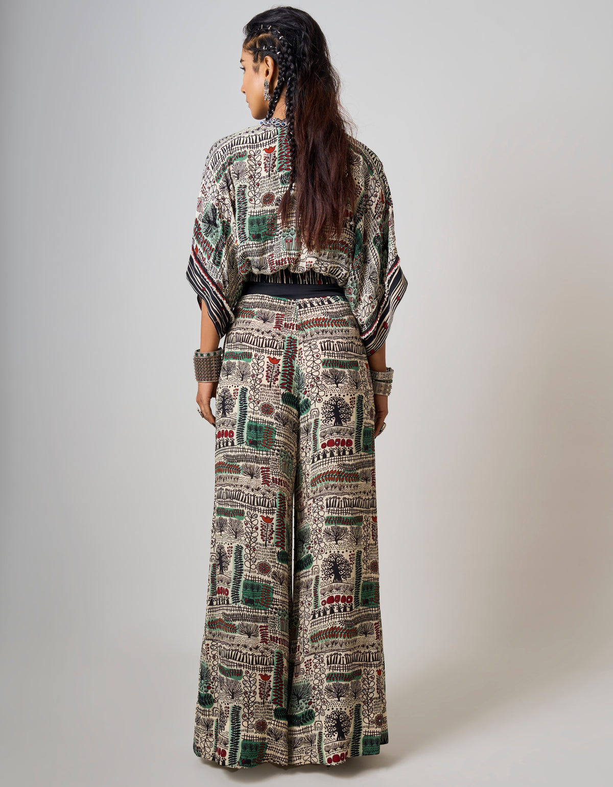 Off-White Printed & Hand-Embroidered Kaftan Top With Pant Set