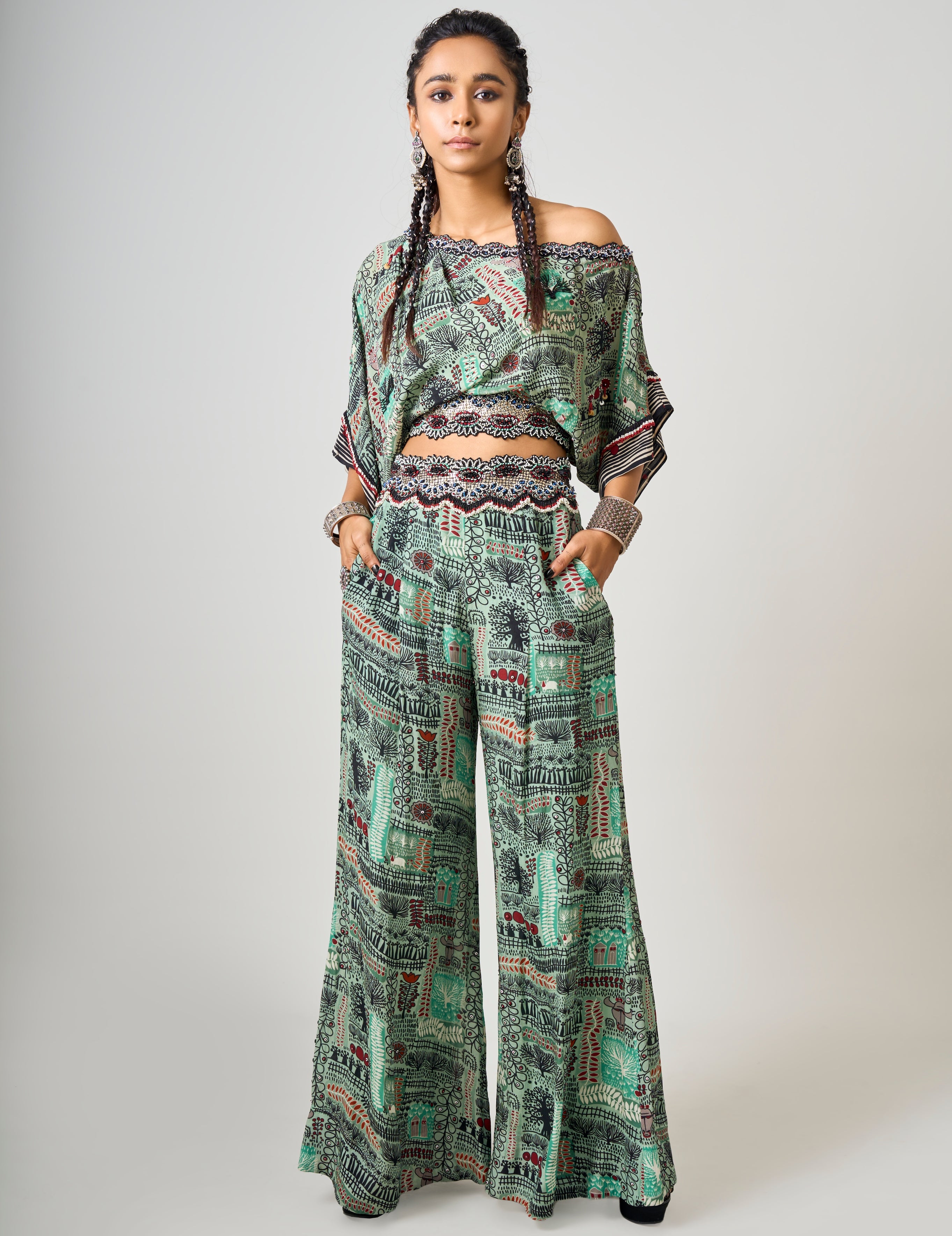 Mint Printed & Hand-Embroidered Off-Shoulder Top With Pant Set